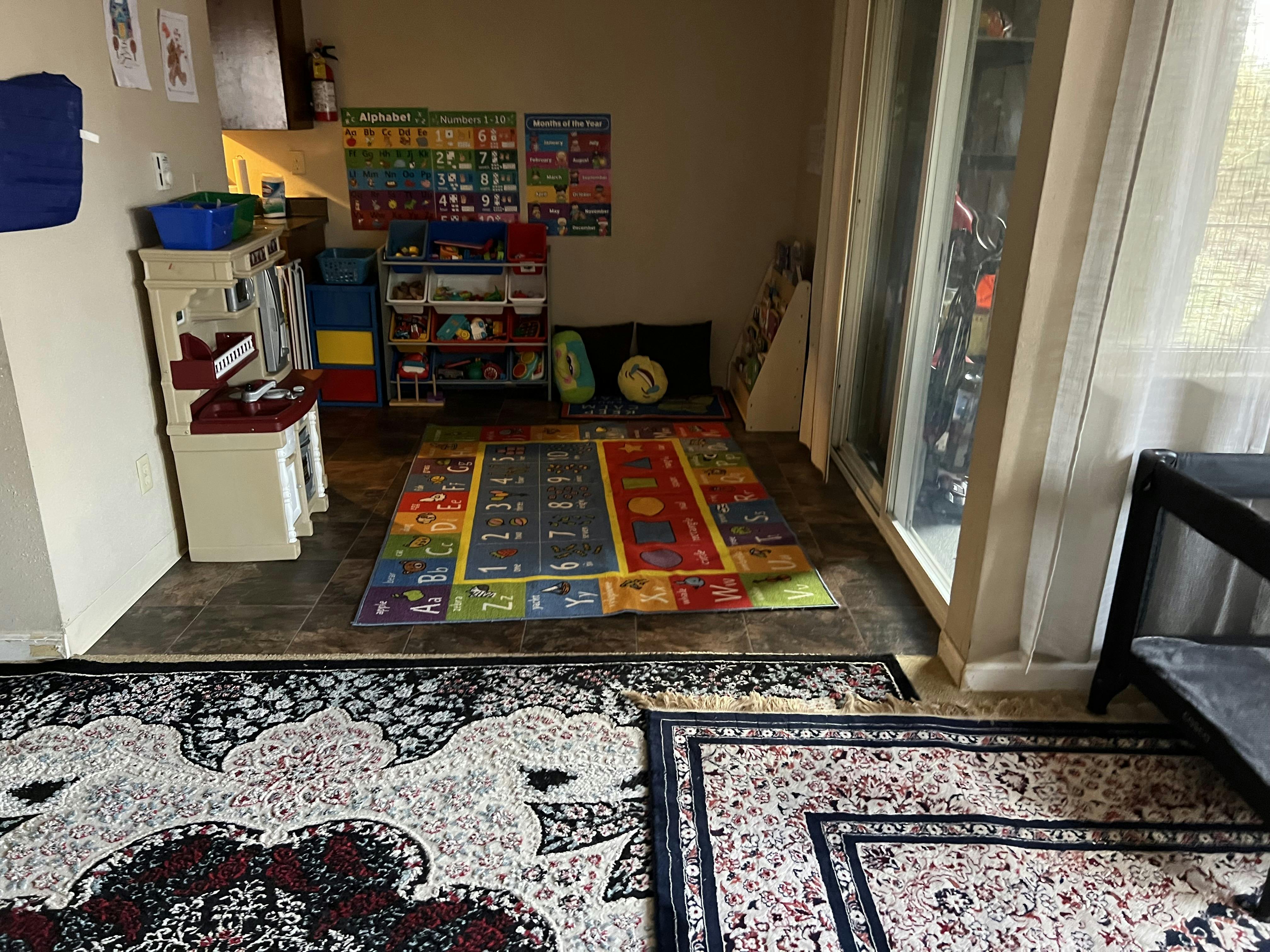 Playroom with colorful rug, shelves, and sliding glass door