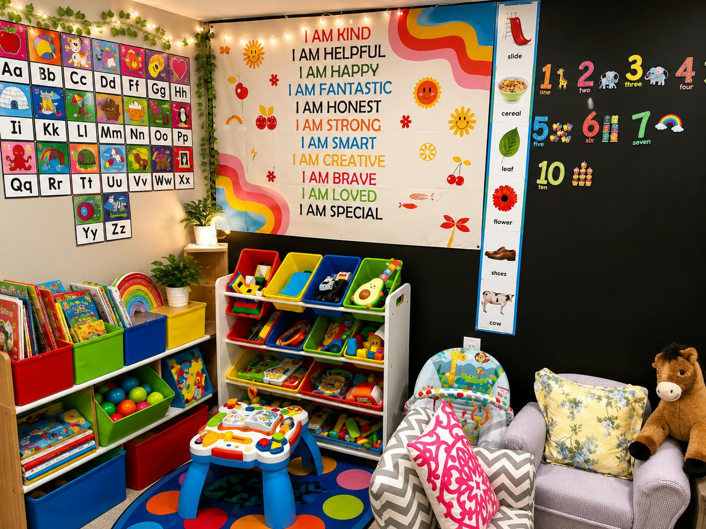 Colorful playroom with alphabet chart and positive affirmation wall banner