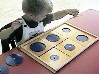 Child playing with a wooden puzzle with various sized circular pieces