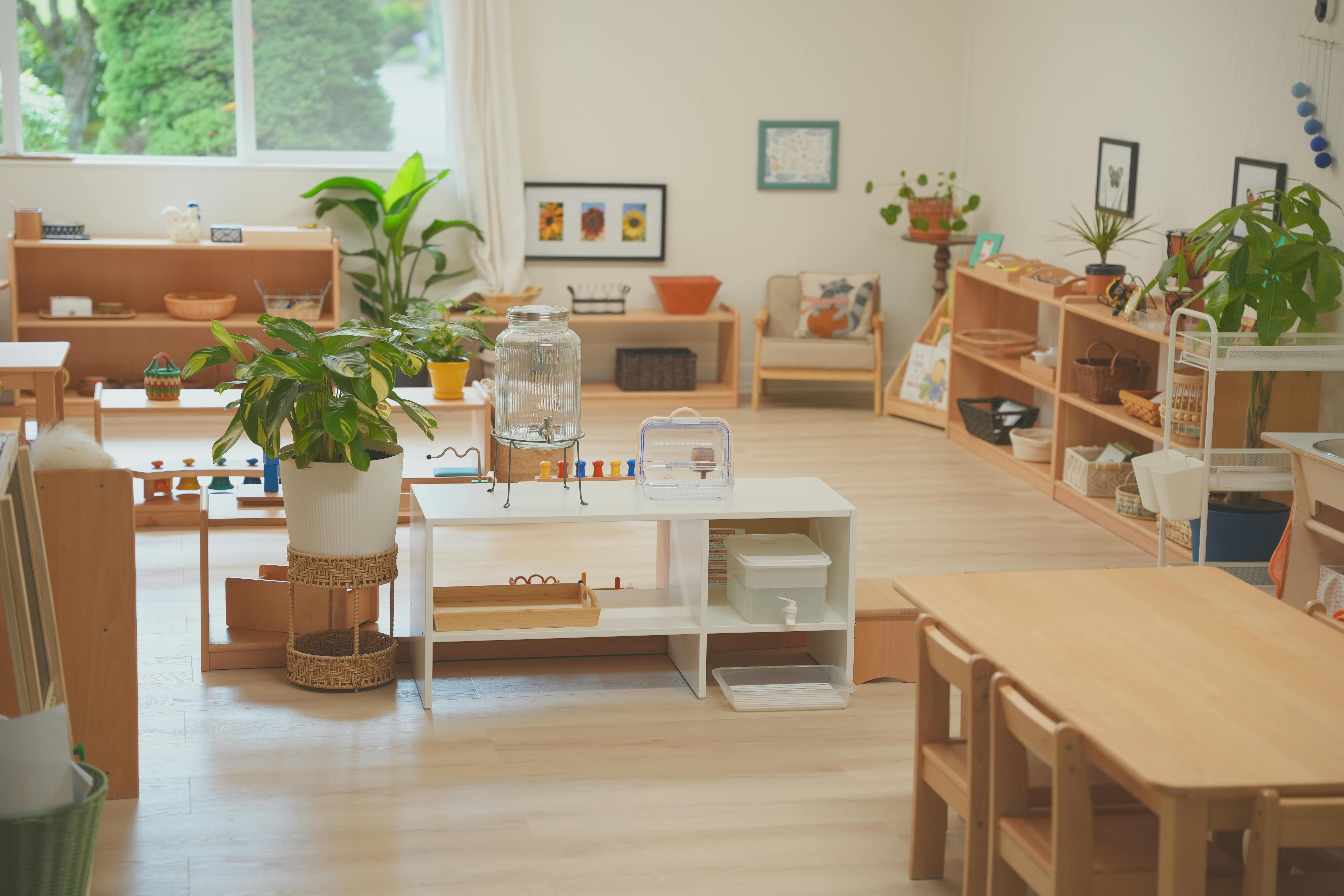 Montessori classroom with wooden shelves, tables, and plants