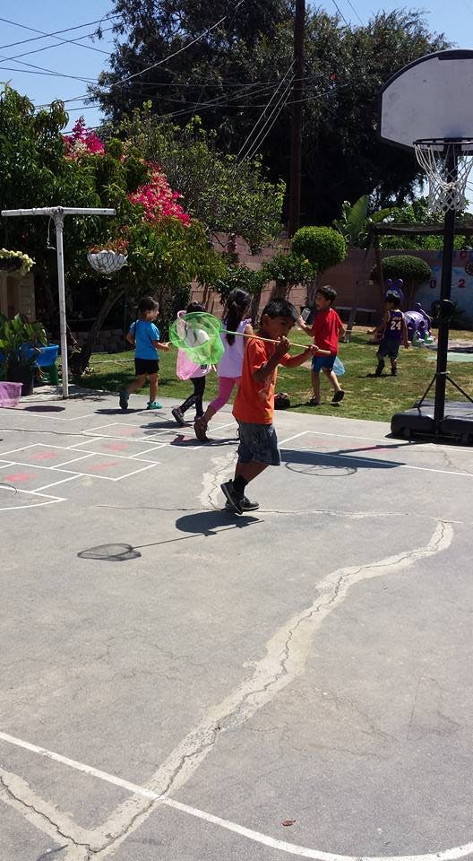Children playing with nets on a paved area with a basketball hoop