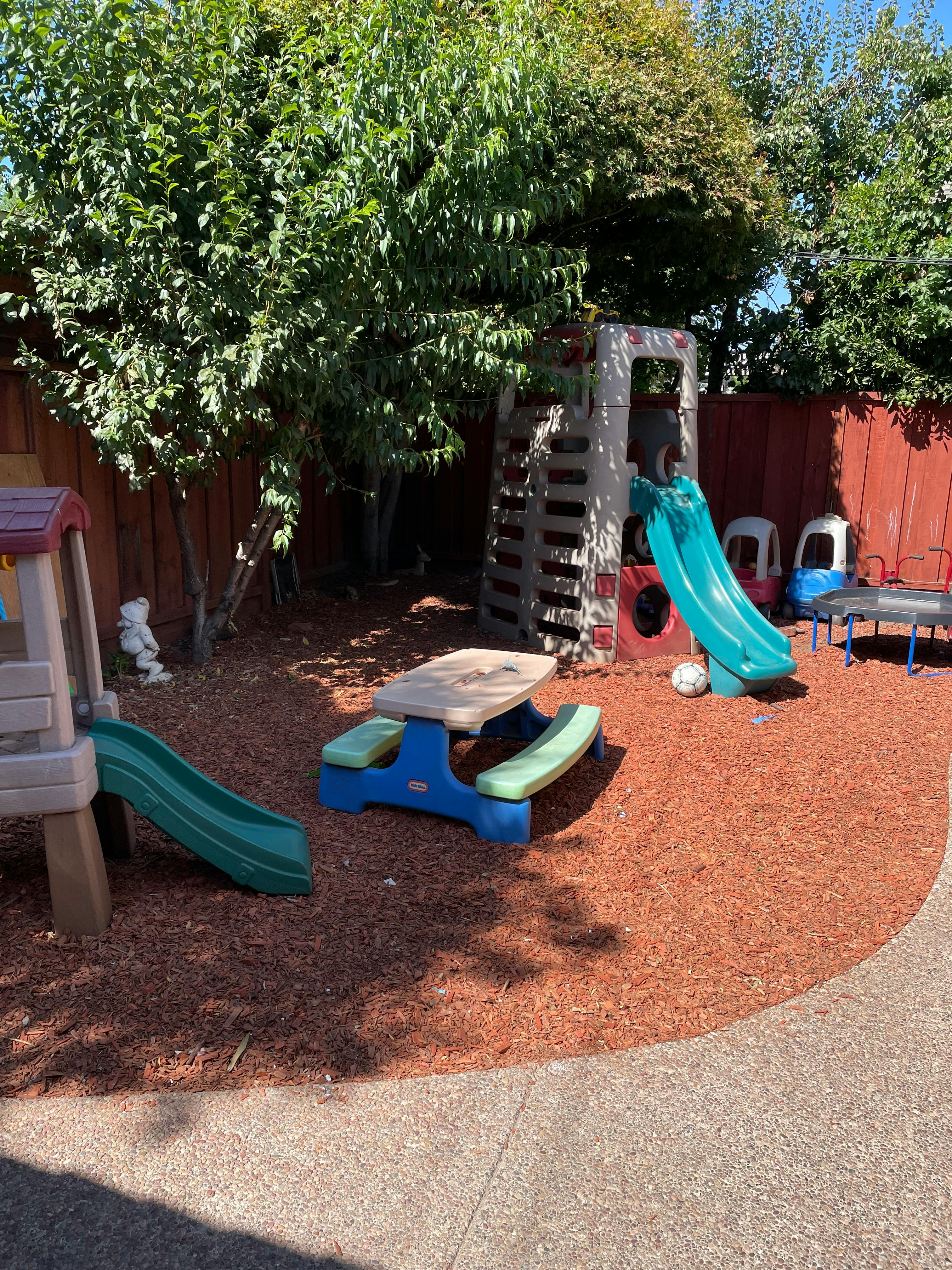 Outdoor play area with slides, play structure, and picnic table