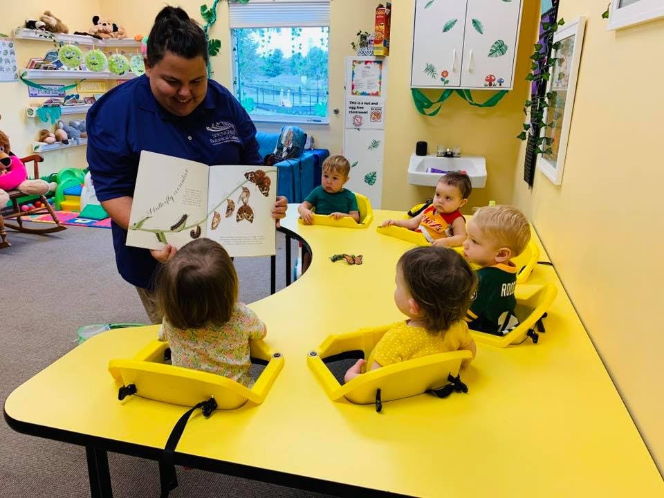 Person reading a book to multiple children seated at a yellow table