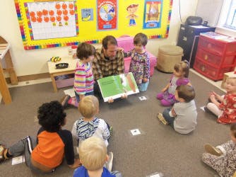 Adult reading a book to a group of children in a classroom