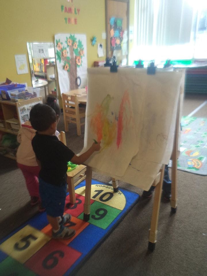 Child painting on an easel in a classroom