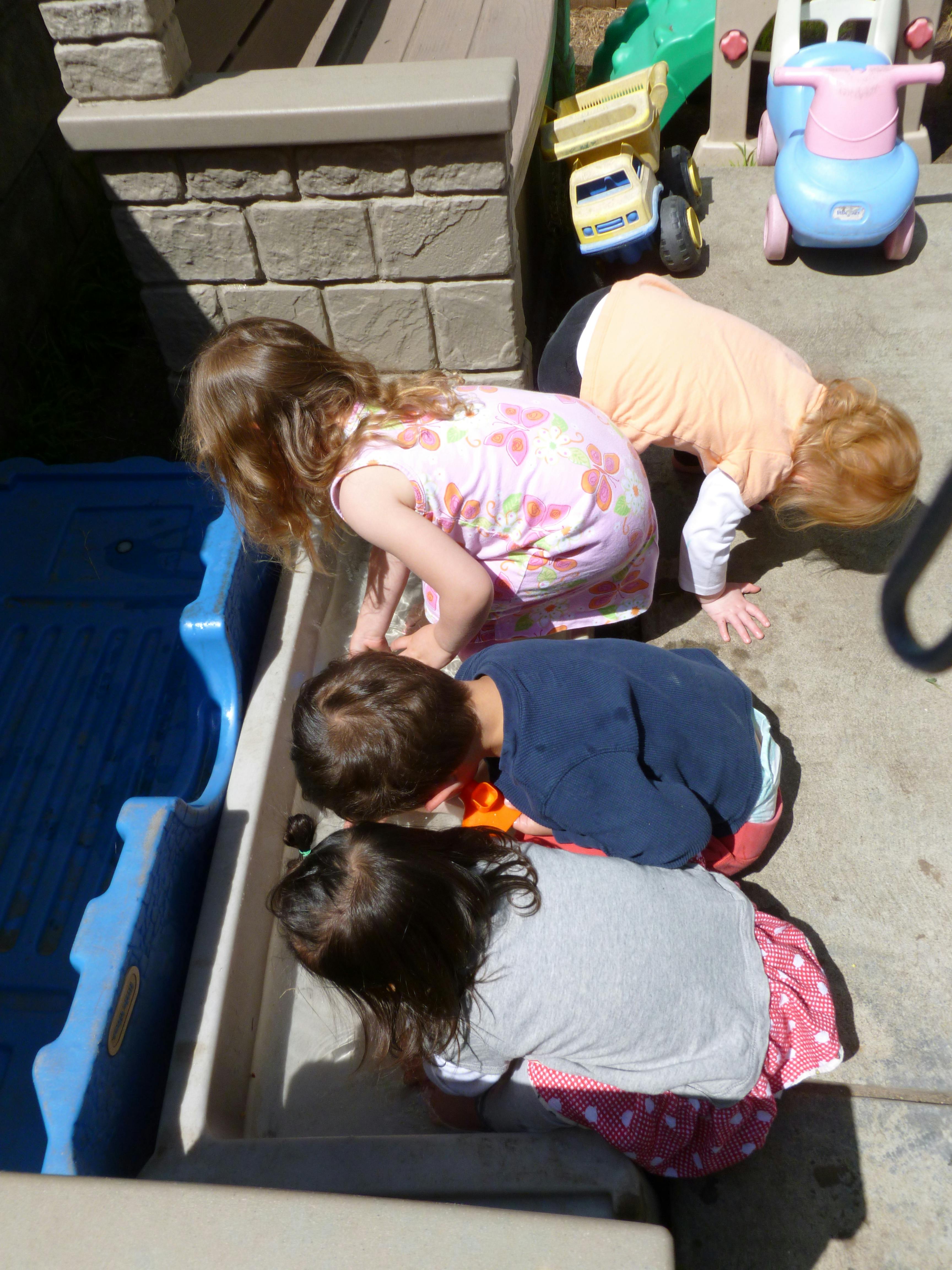 Four children looking down at something on the ground
