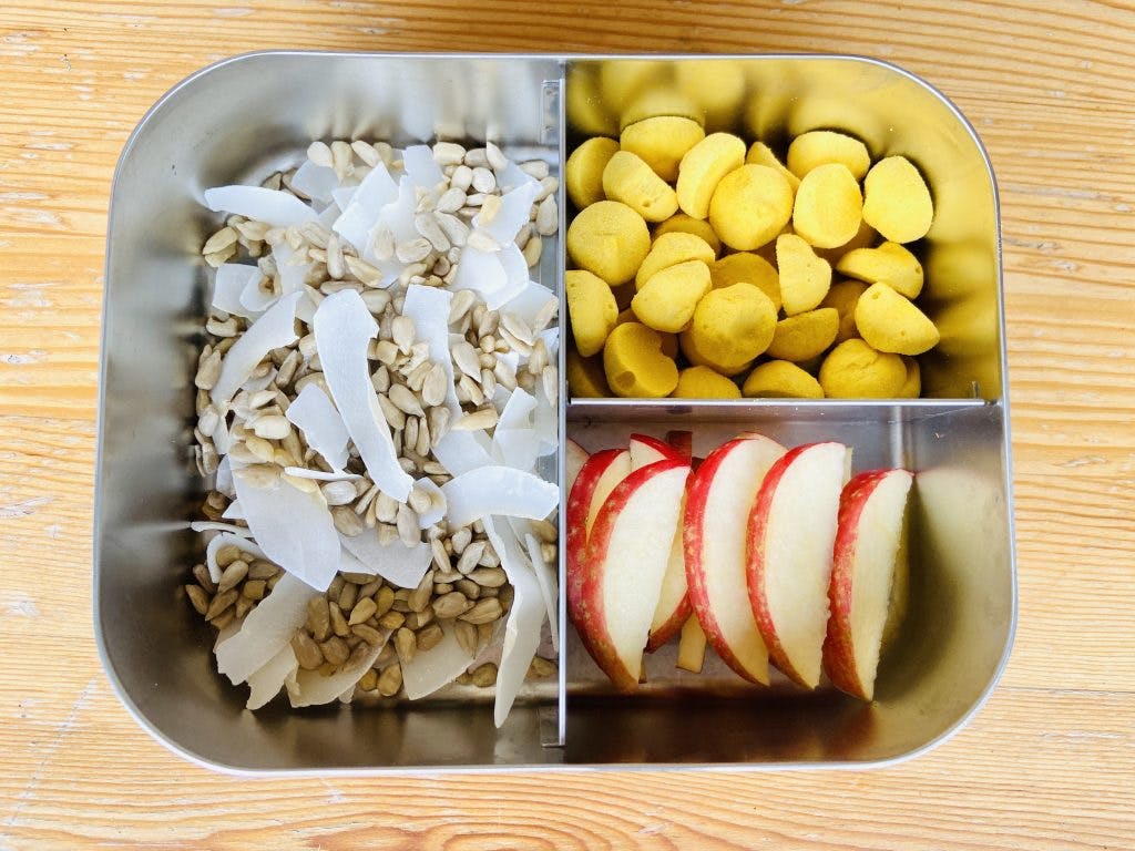 Compartmentalized container with sunflower seeds, coconut flakes, apple slices, and snacks