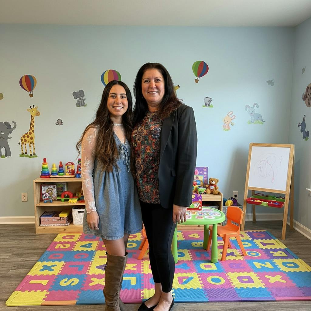 Two people standing in a child's playroom