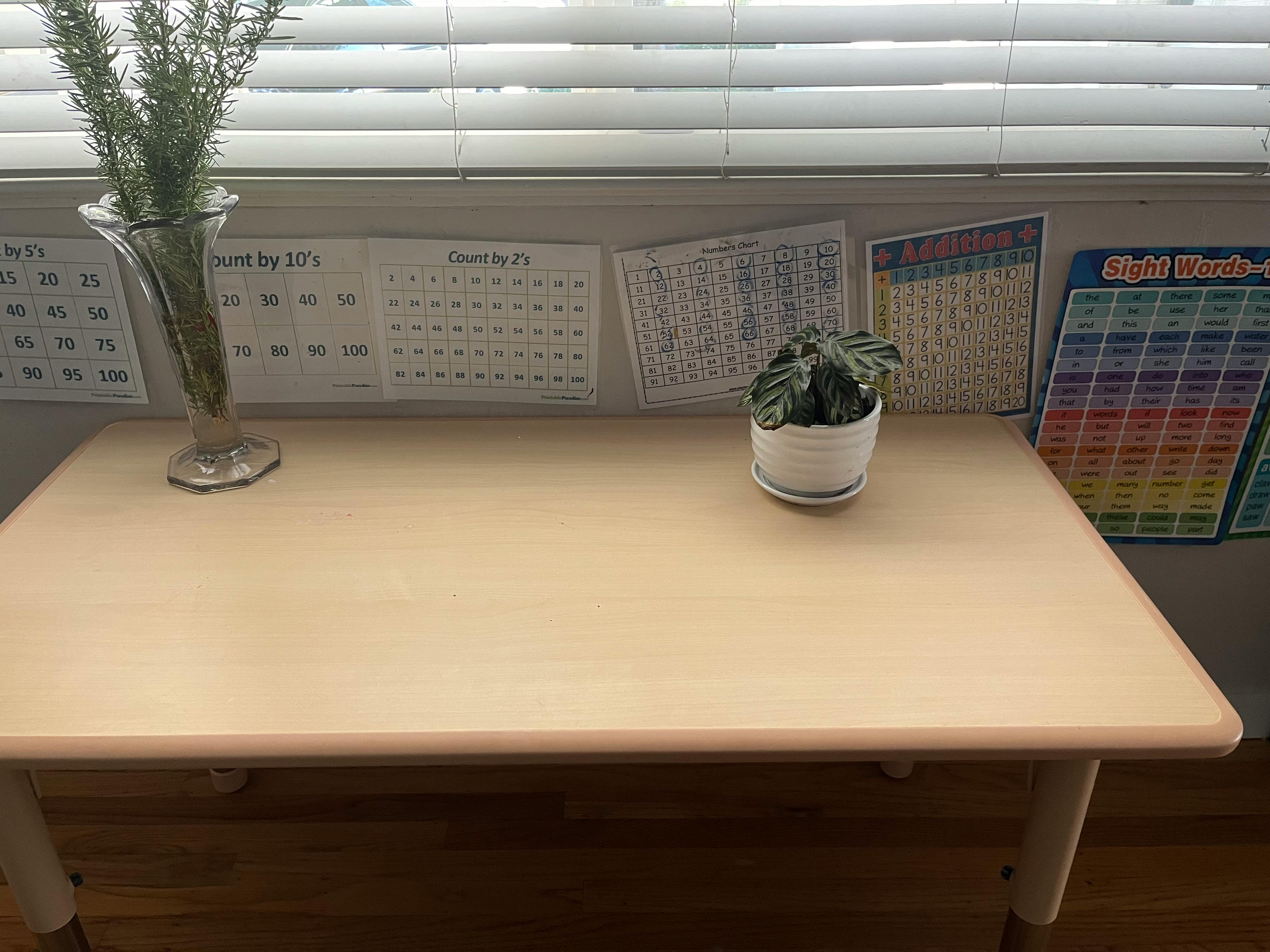 Table with a vase of greenery and a potted plant