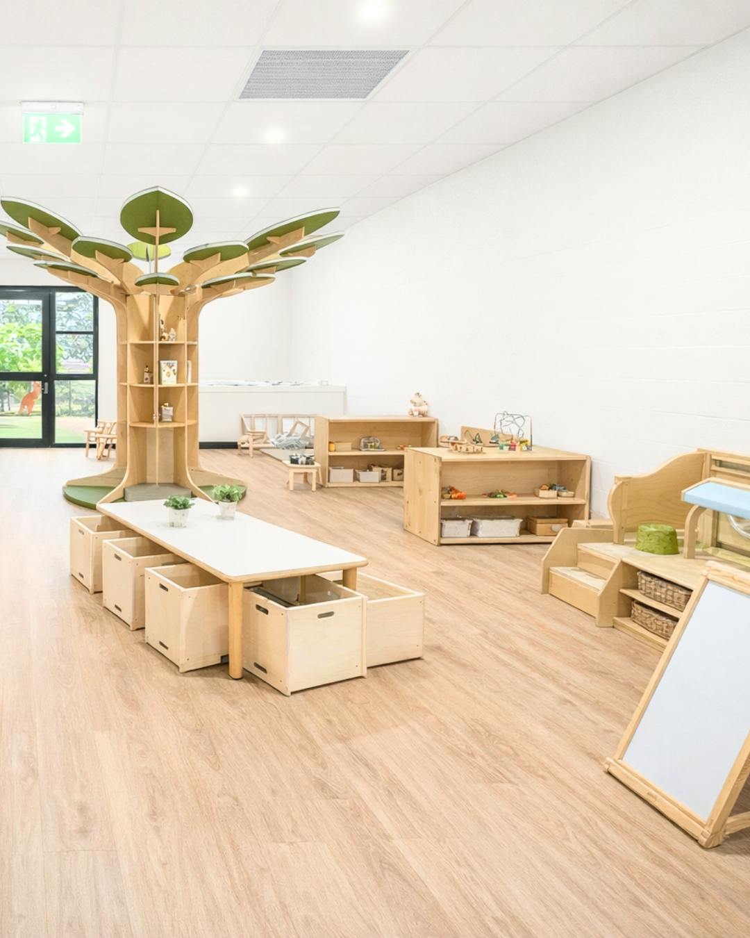 Classroom with a tree-shaped bookshelf, tables, and play furniture