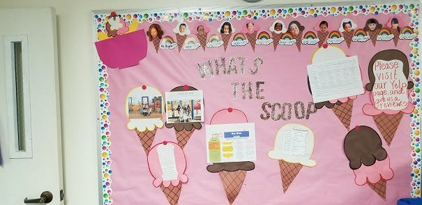 Pink bulletin board with ice cream cone cutouts and text "What's the Scoop"