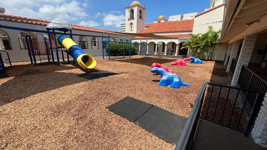 Playground with a blue and yellow slide and animal-shaped spring riders