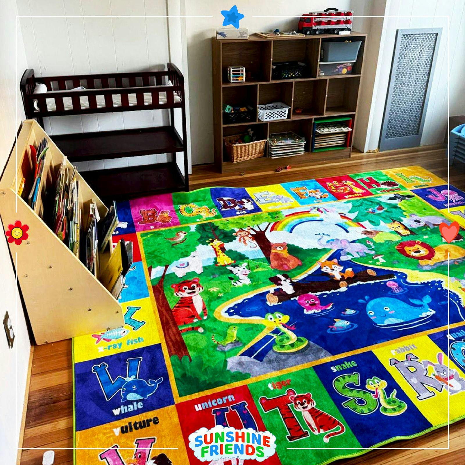 Playroom with colorful alphabet rug, bookshelf, and storage shelves