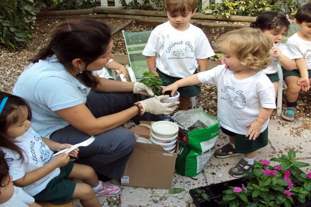 Adult and children planting seedlings outdoors