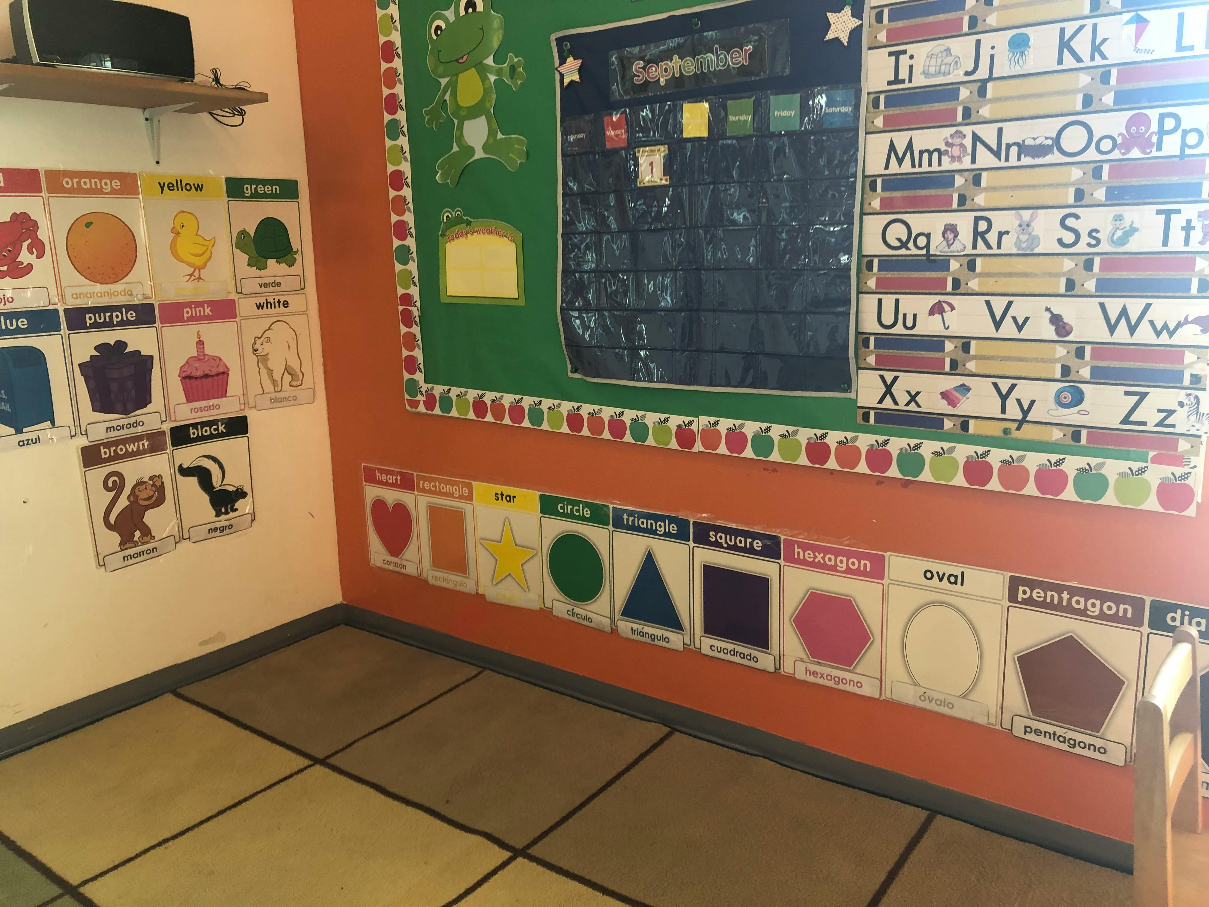 Classroom wall with alphabet, shapes, and color charts