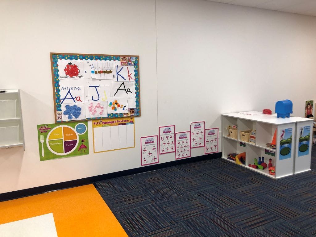 Classroom wall with alphabet chart, food plate diagram, and storage unit