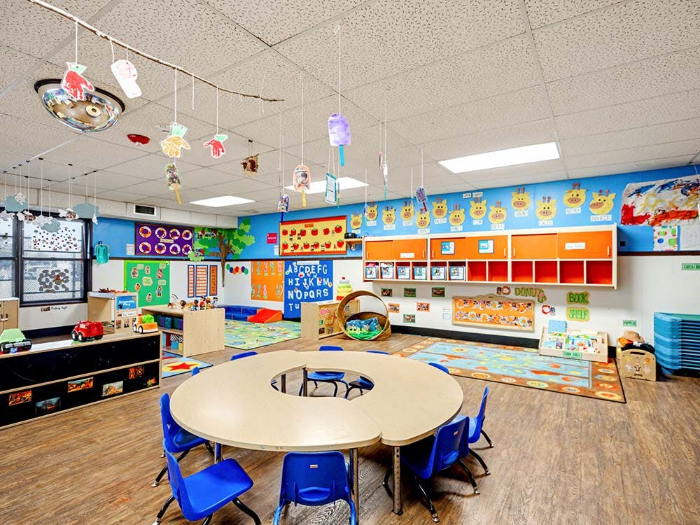 Colorful classroom with circular tables, chairs, and learning decorations on walls
