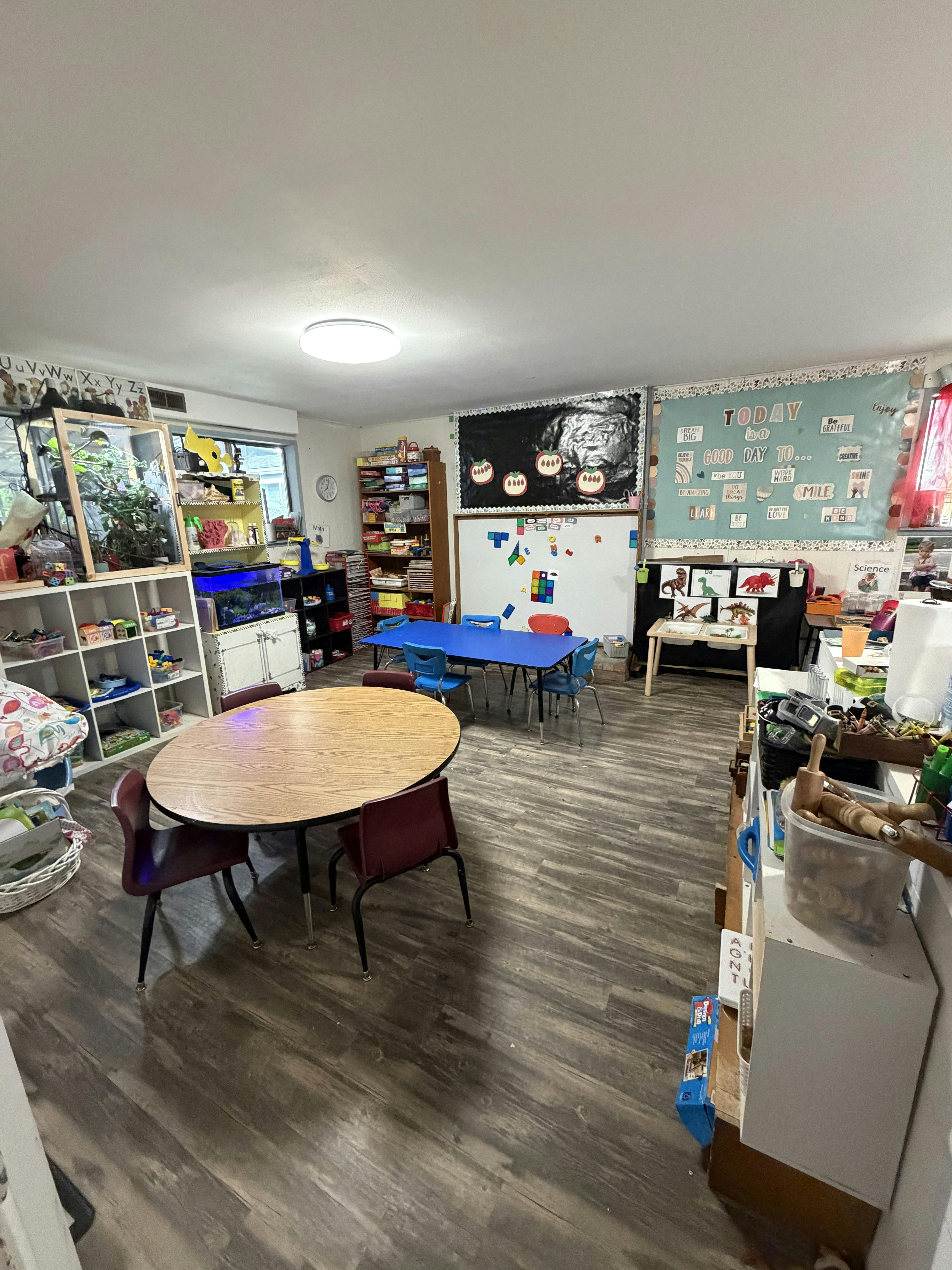Classroom with tables and chairs for children