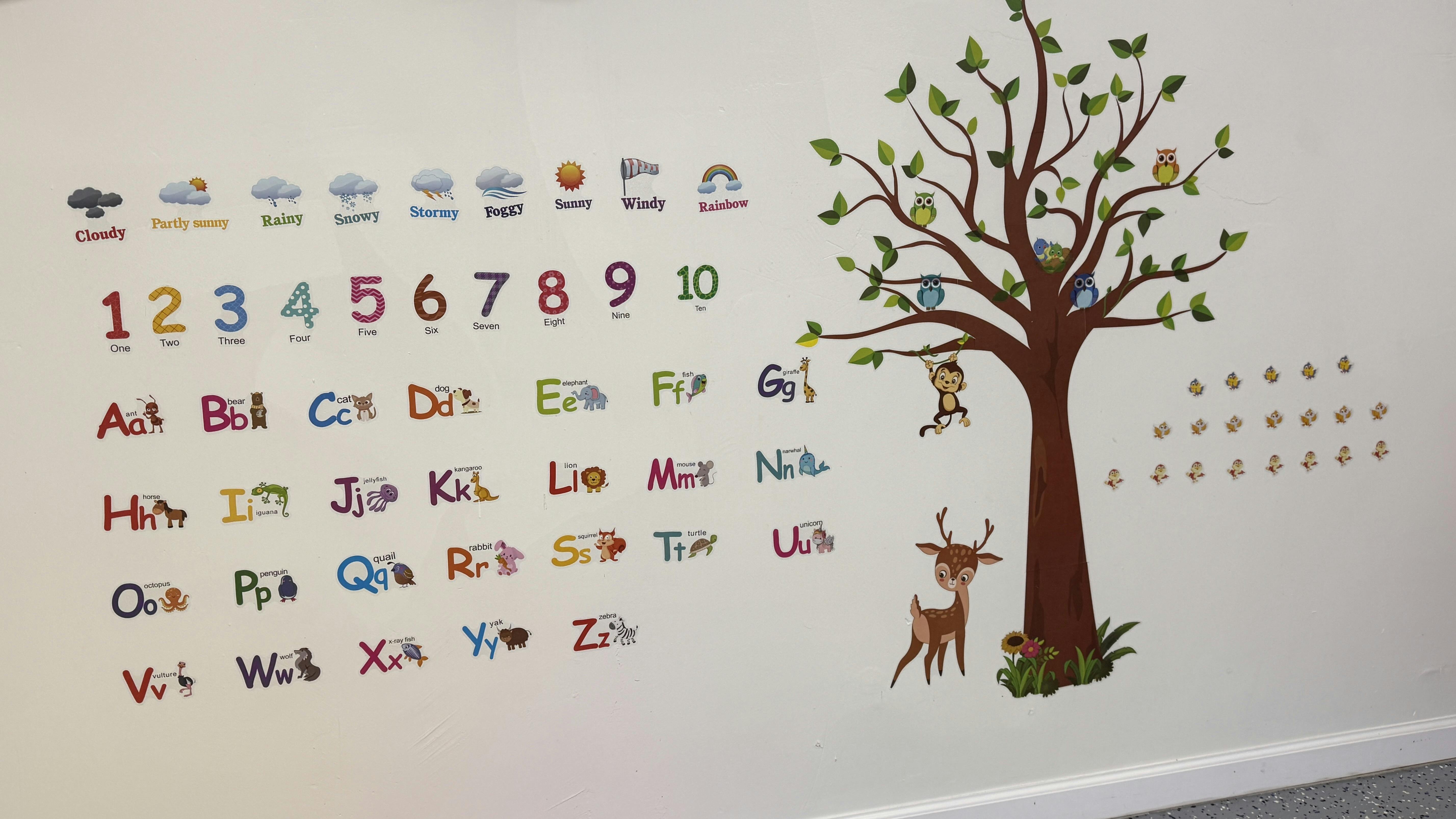Decorative wall decals of weather, numbers, and alphabet with corresponding animal illustrations
