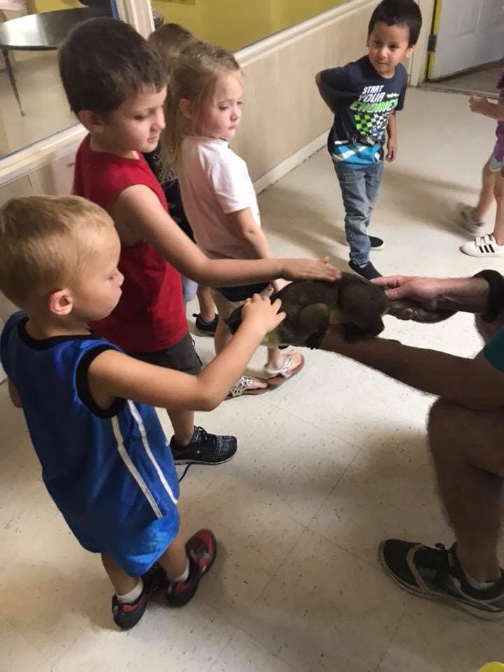 Children gathered around a person holding a small animal