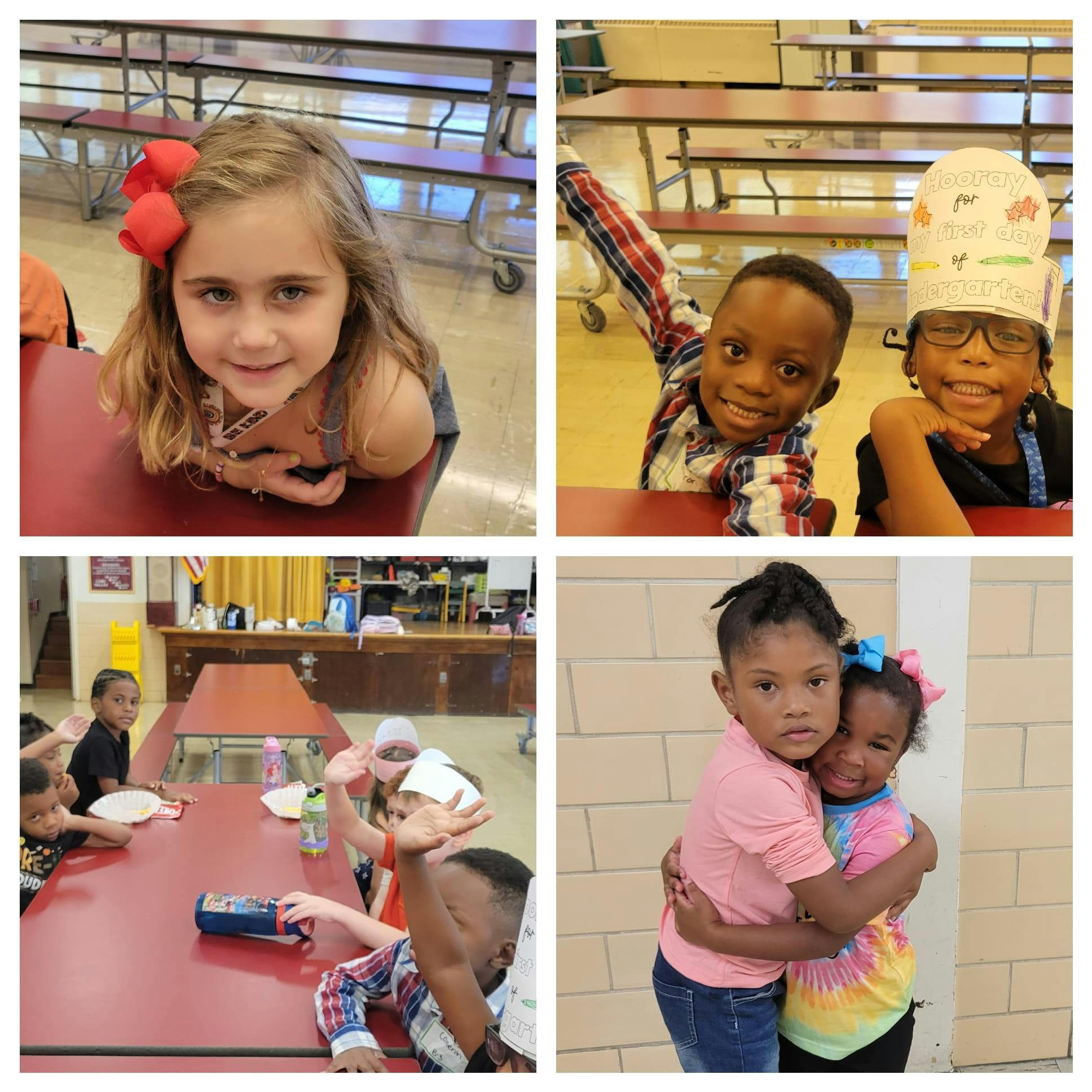 Collage of four photos of children in a school setting