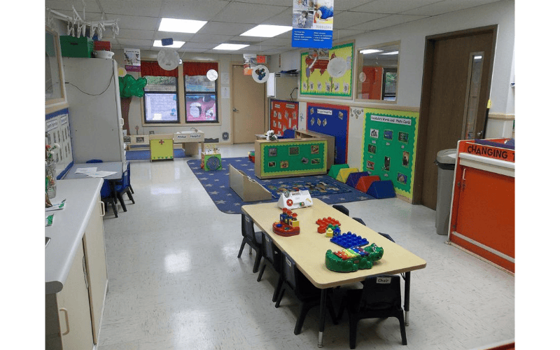 A colorful classroom with tables, chairs, play areas, and educational posters