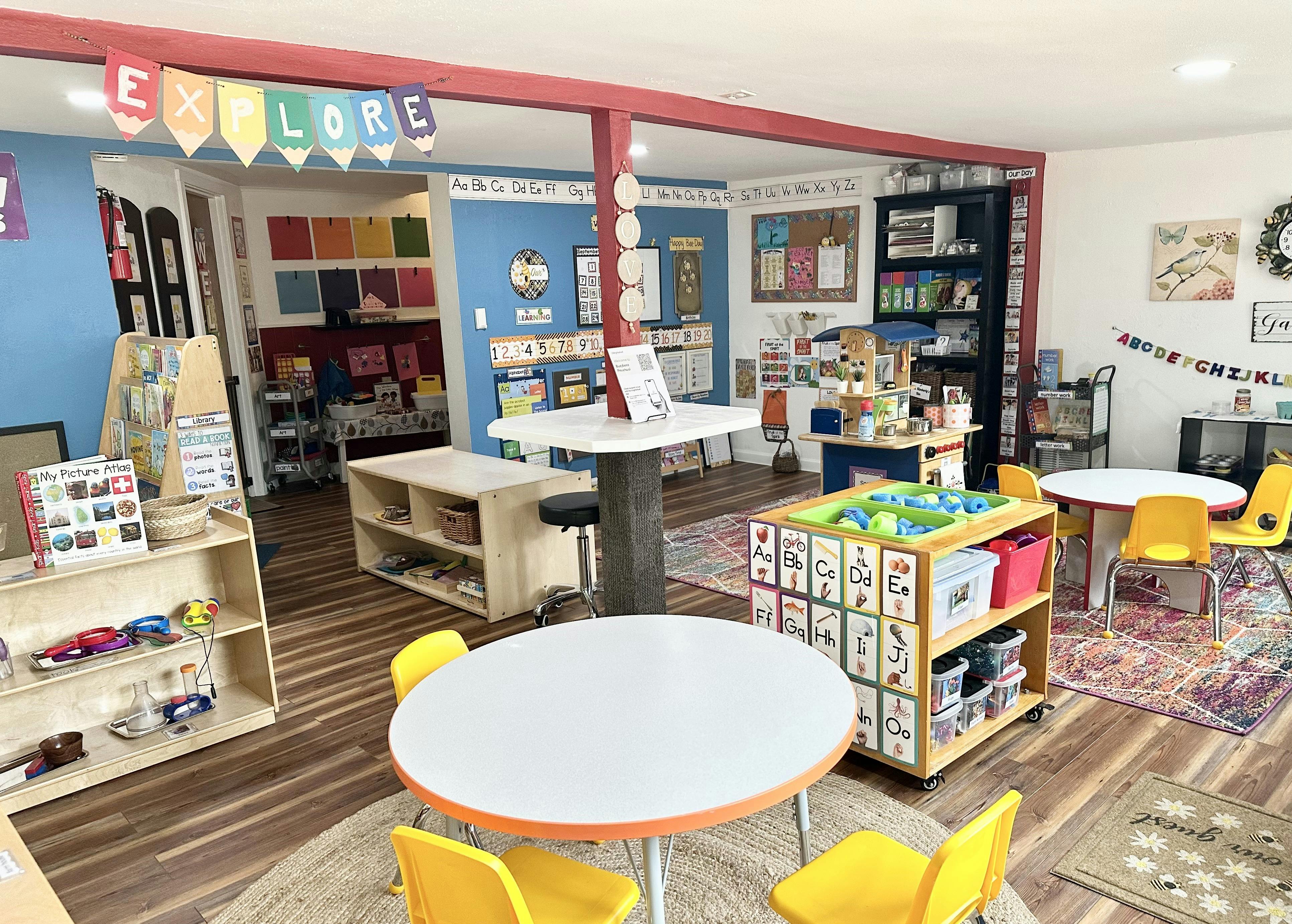 Classroom with tables, chairs, and learning materials