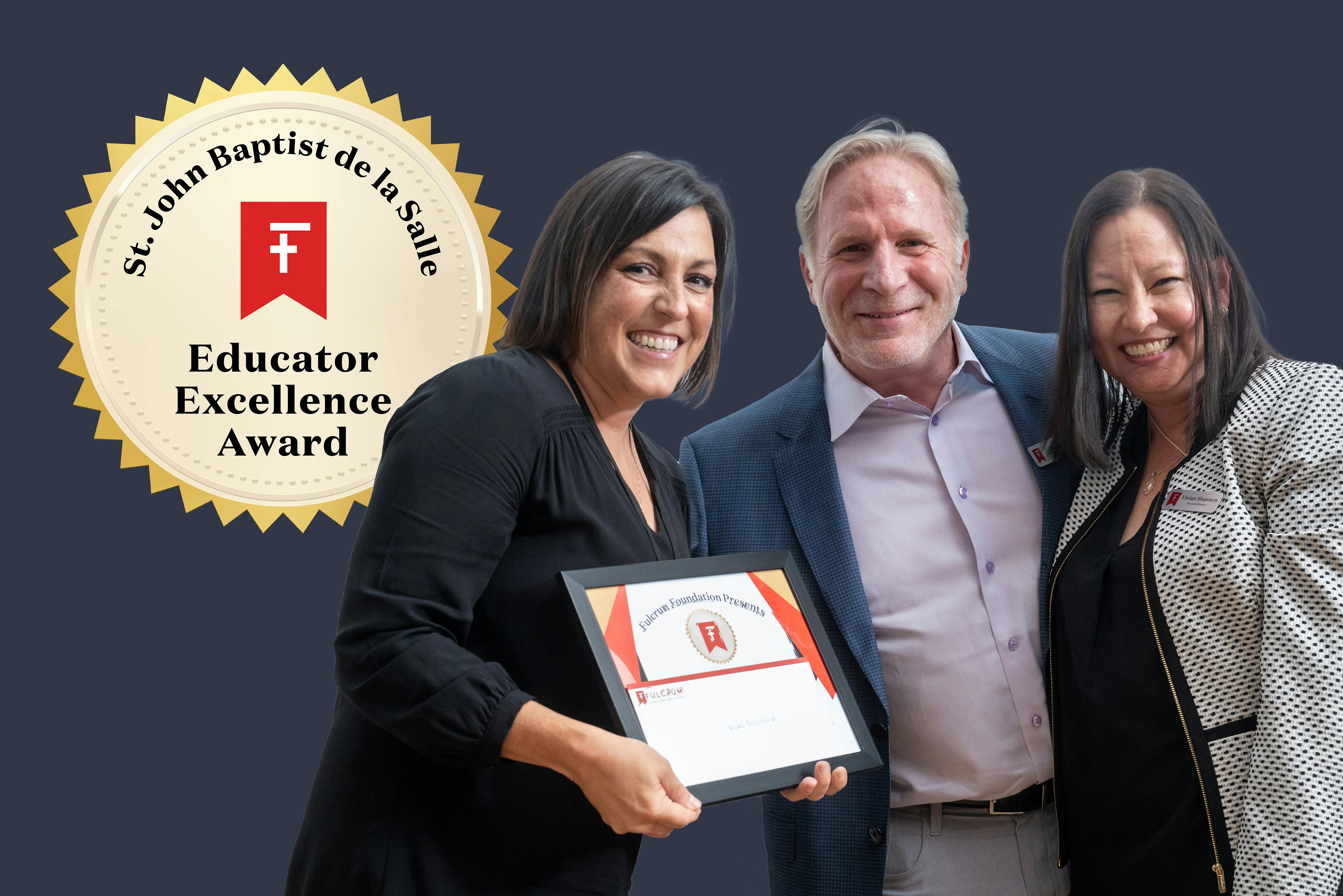 Three people posing with an award certificate, "Educator Excellence Award" seal