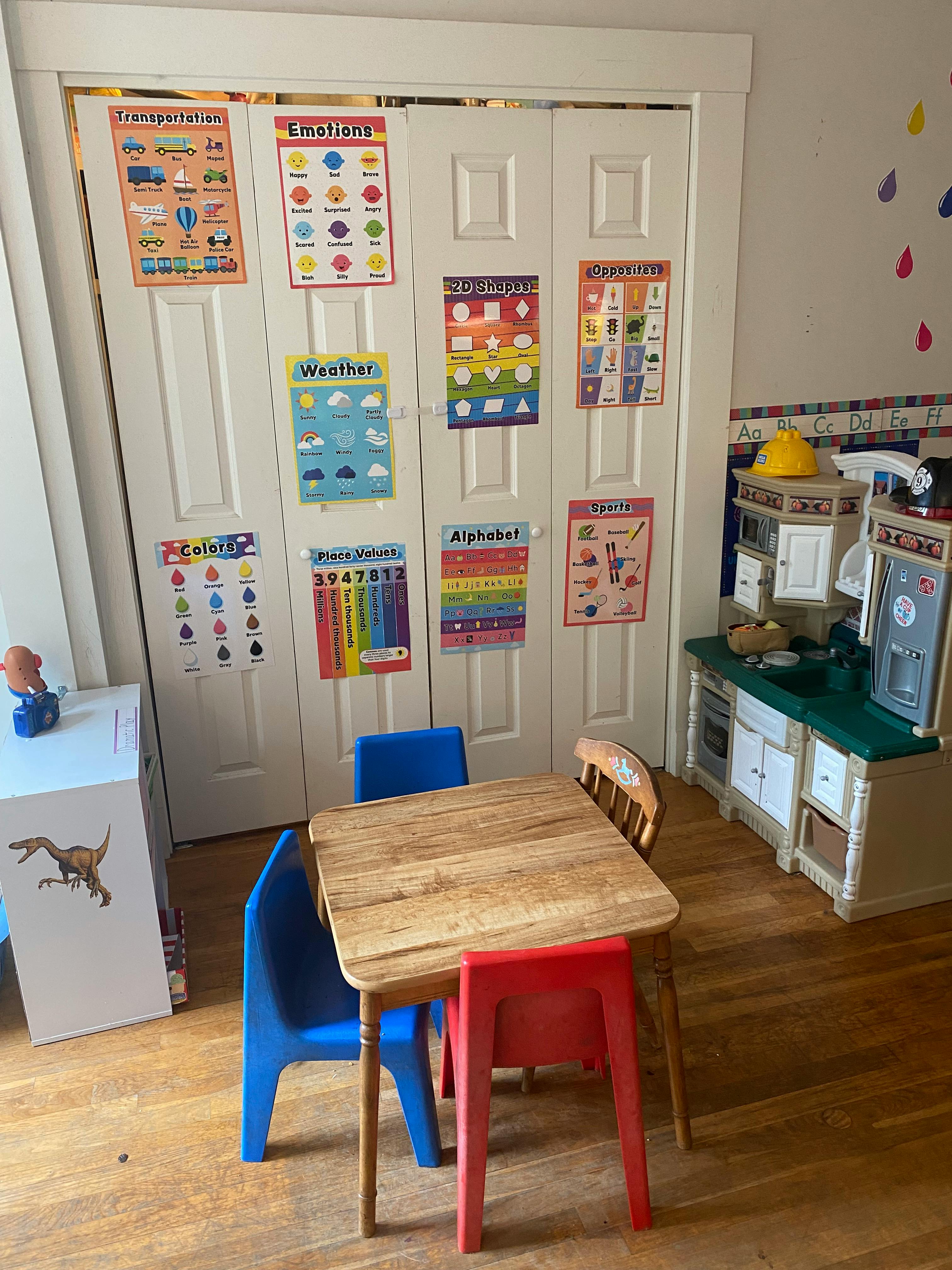 Child-sized table and chairs in a room with educational posters on a door