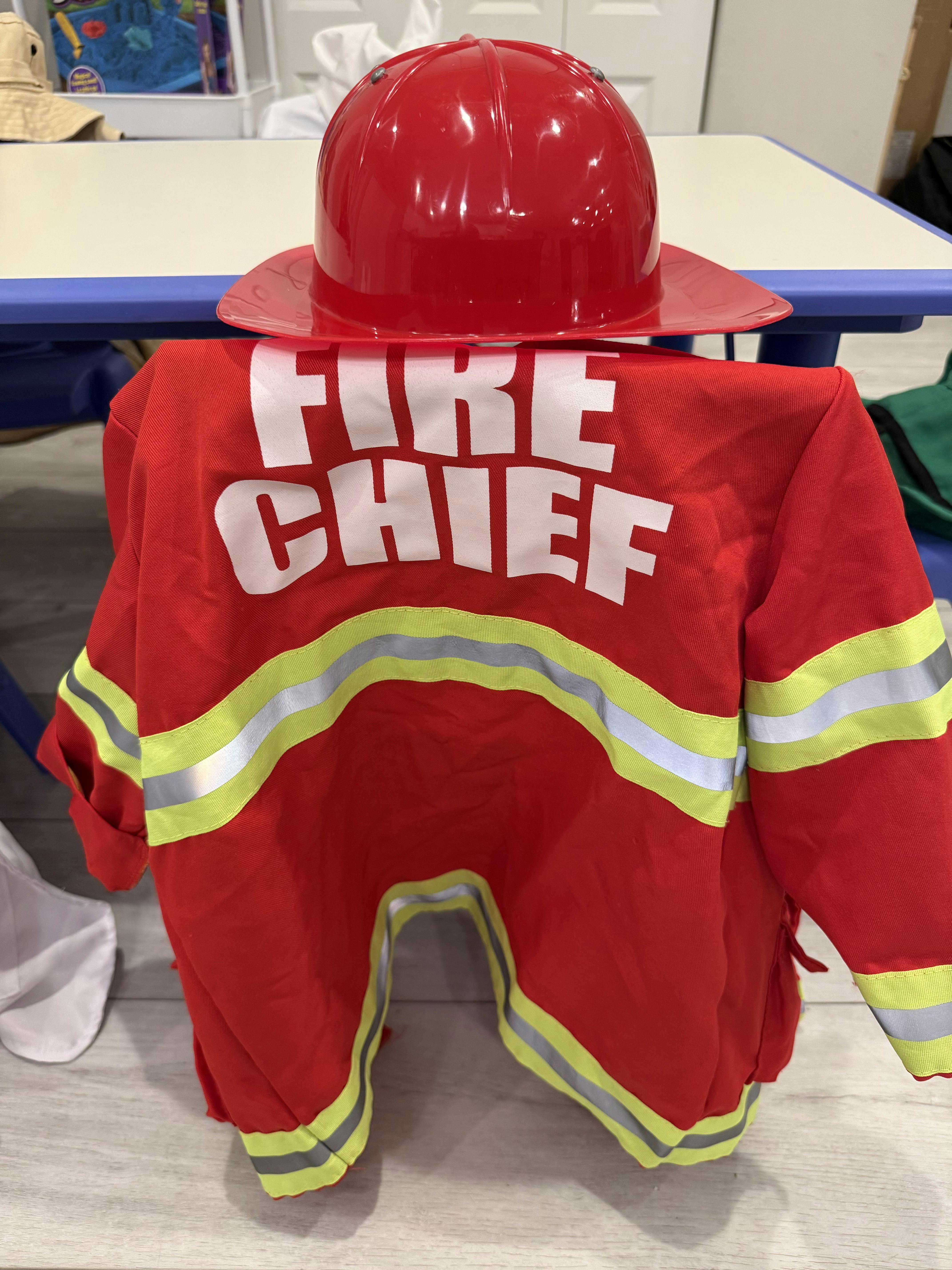 Childs red fire chief jacket and helmet