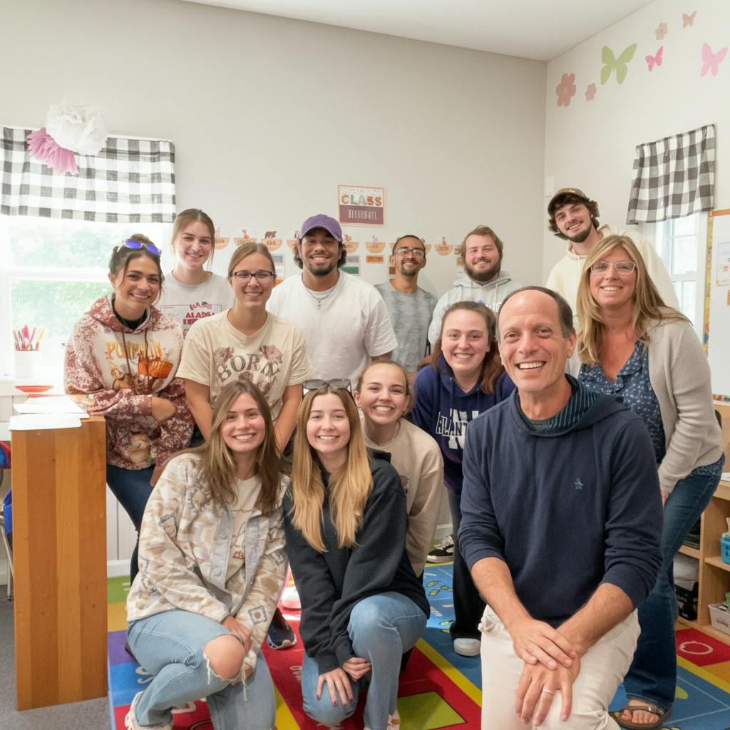 Group of 13 smiling adults posing in a brightly lit classroom