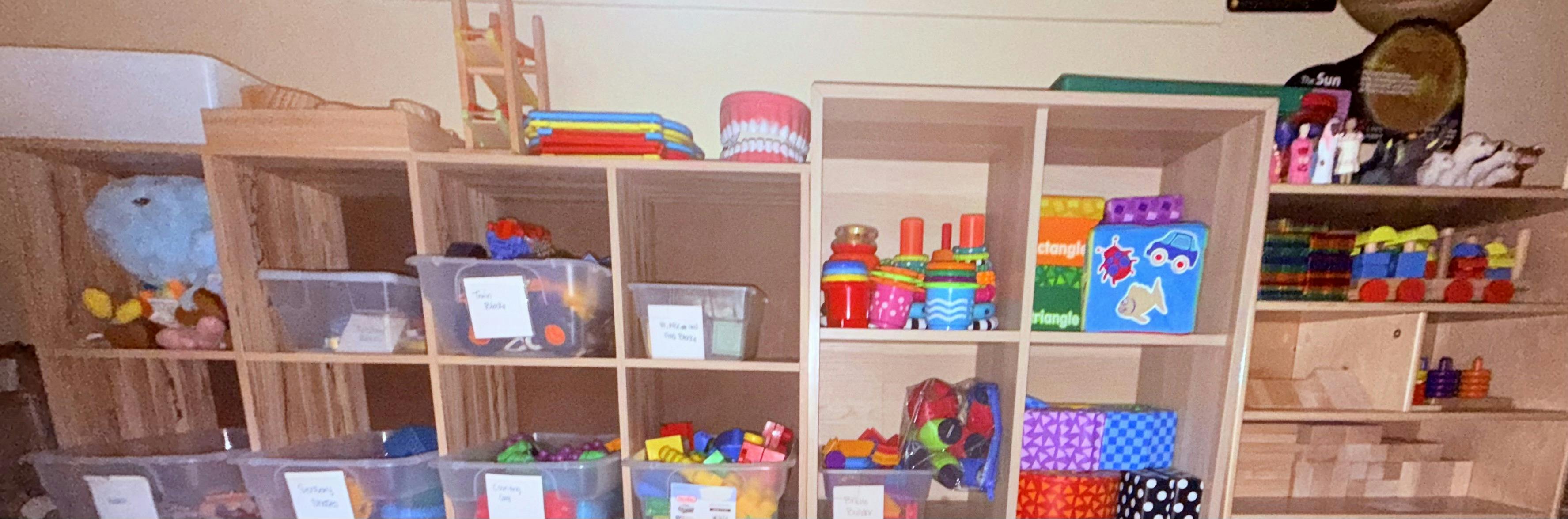 Shelves filled with toys and clear storage bins