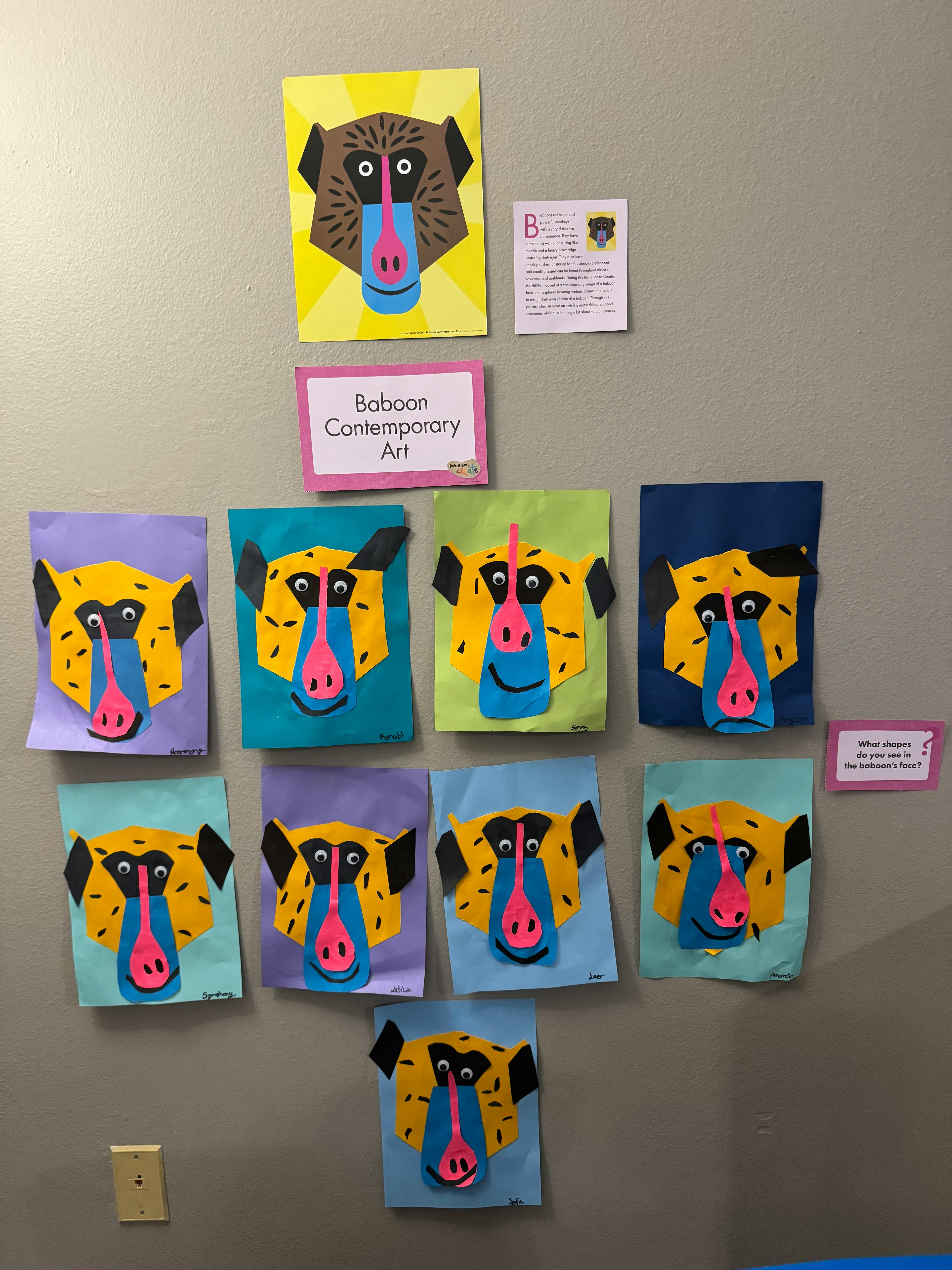 Wall display of colorful paper craft baboon faces and informational signs