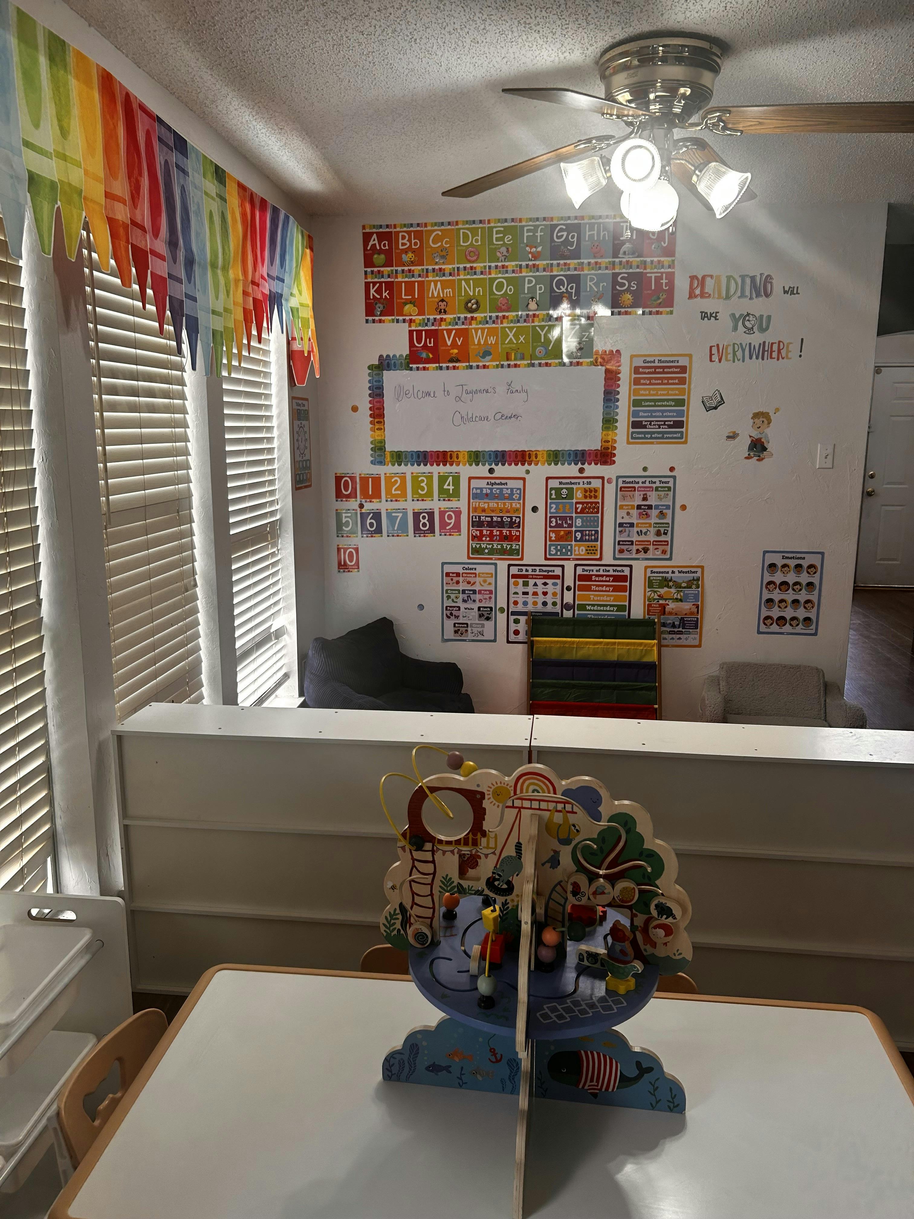 Educational wall charts and activity toy in a classroom setting