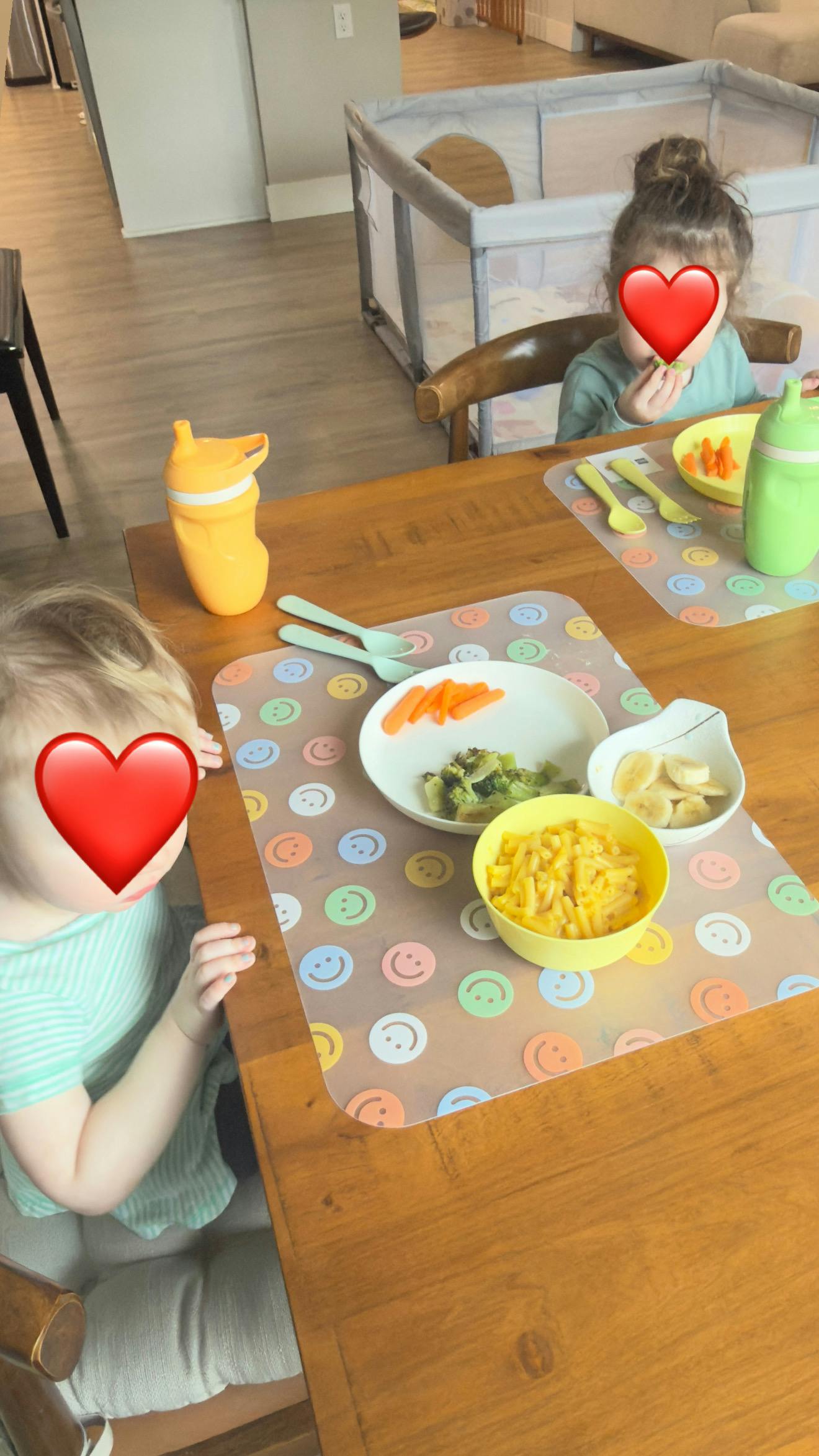 Two children seated at a table with plates of food