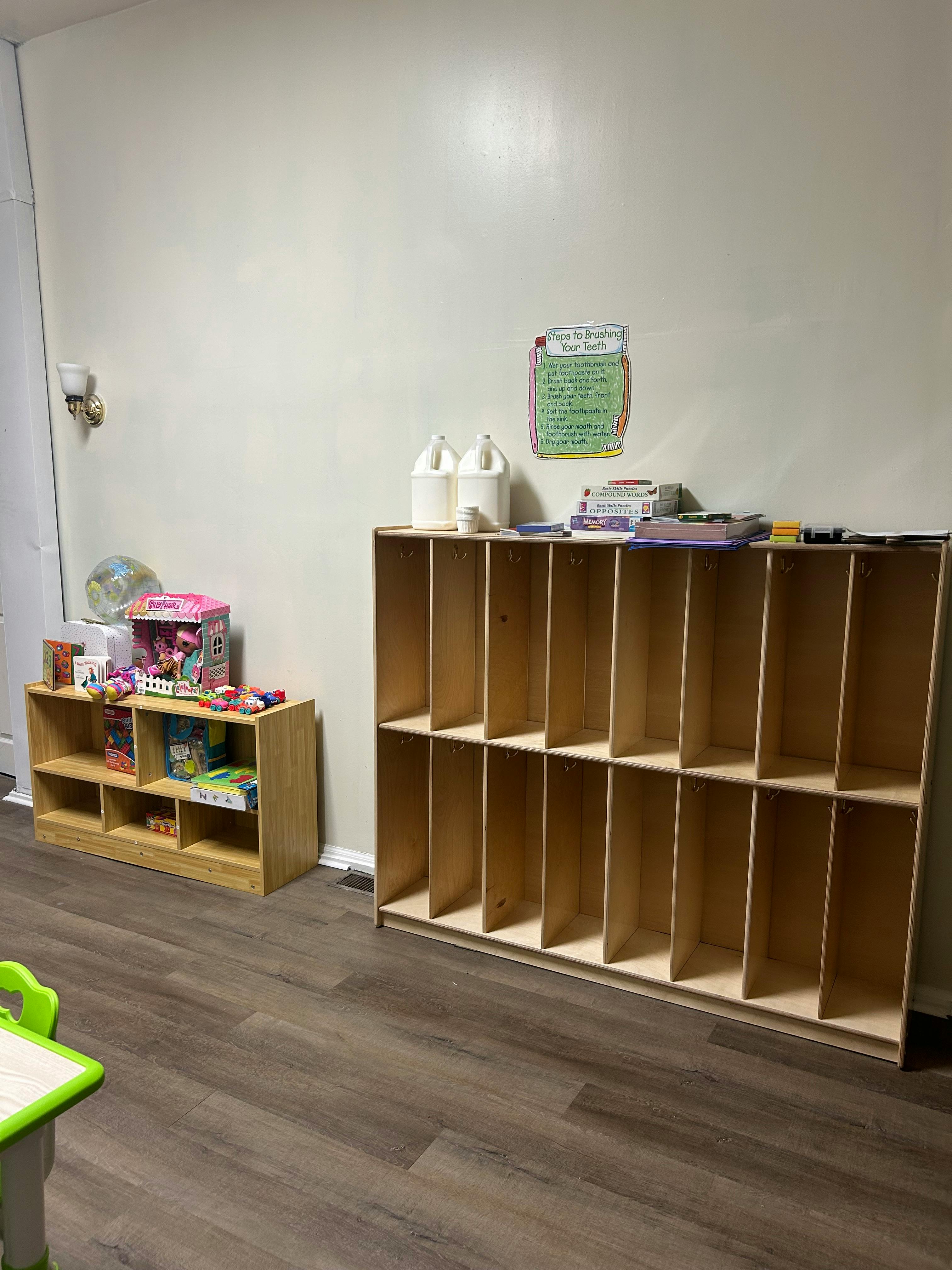 Two wooden storage shelves in a room