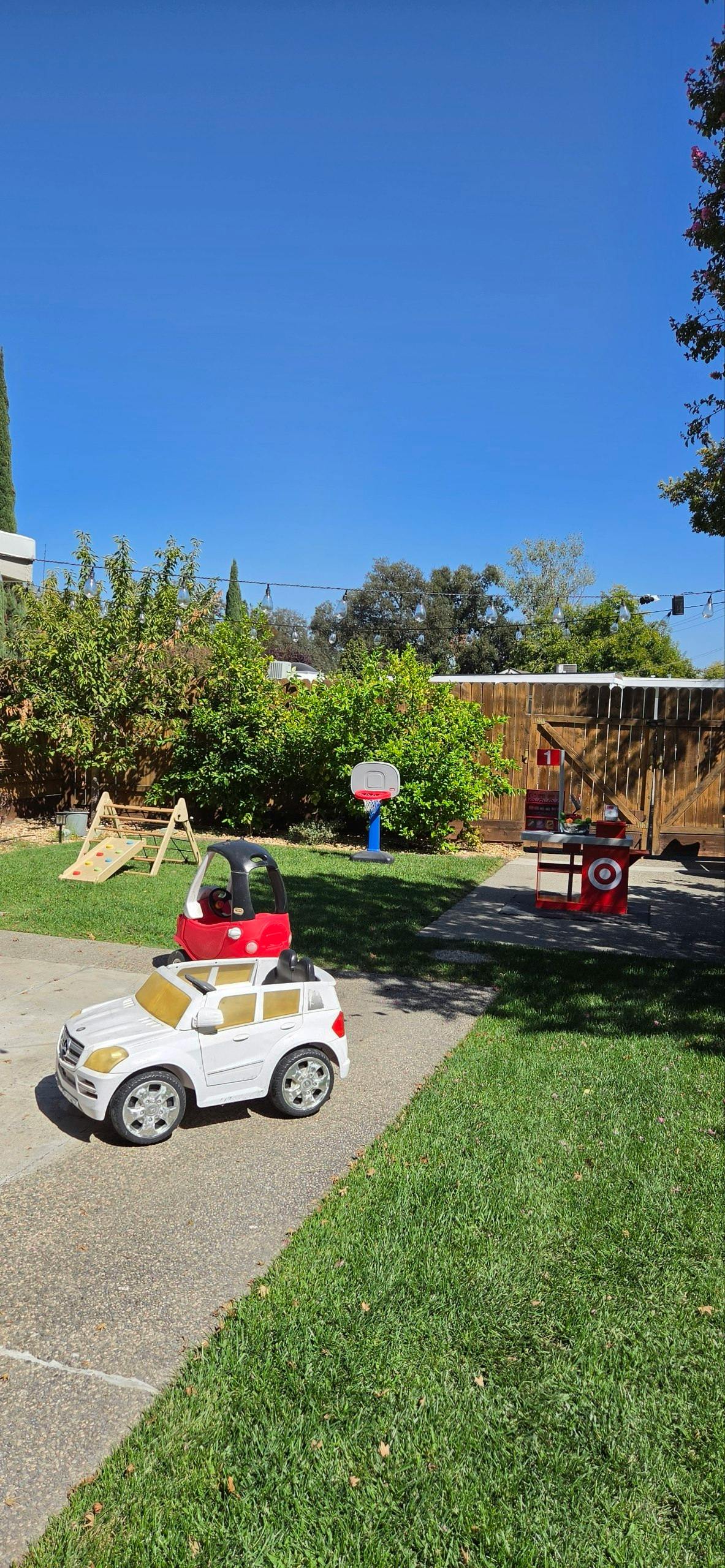 Toy vehicles and playground equipment in a backyard