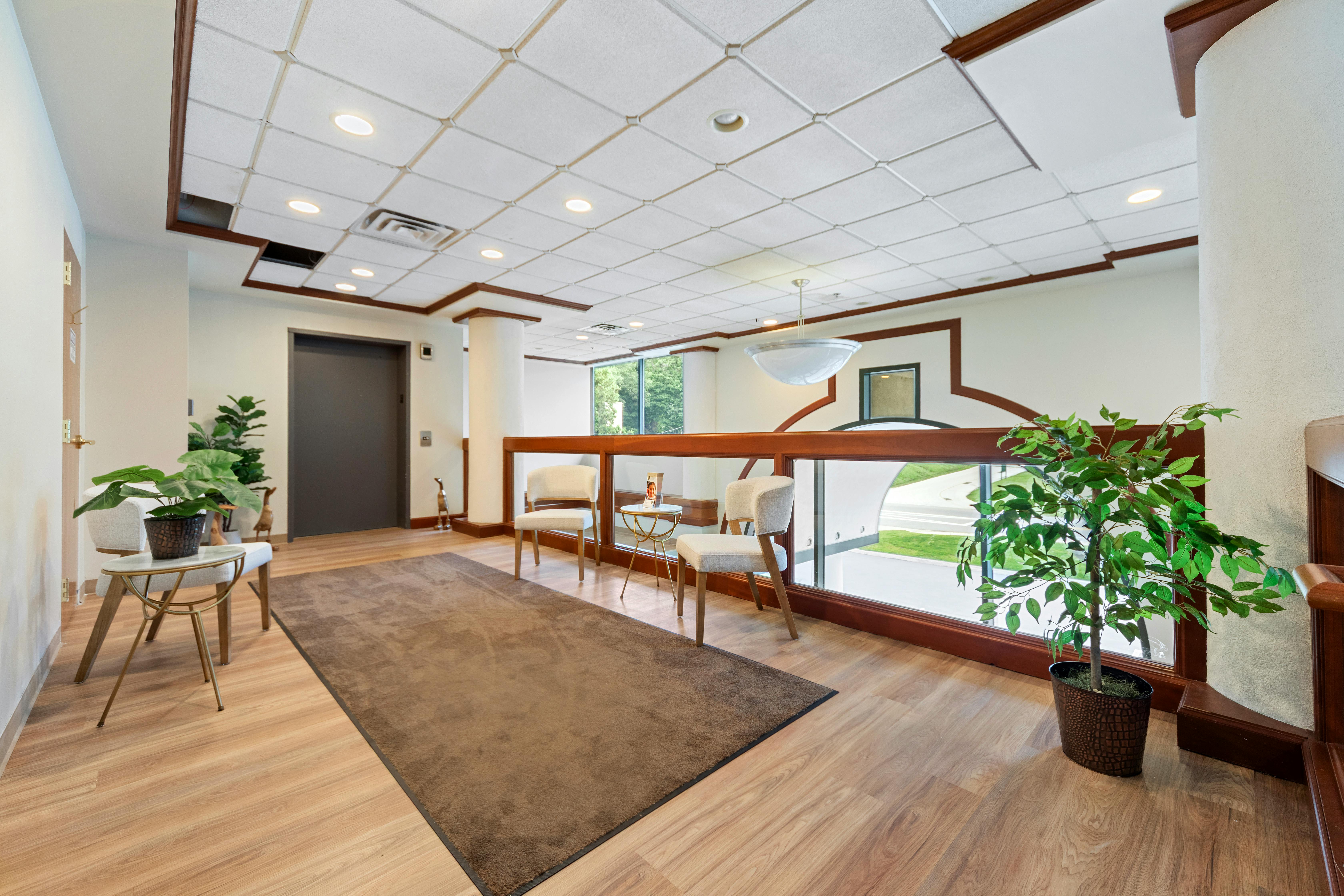 An empty waiting area with chairs, a rug, potted plants, and a large window