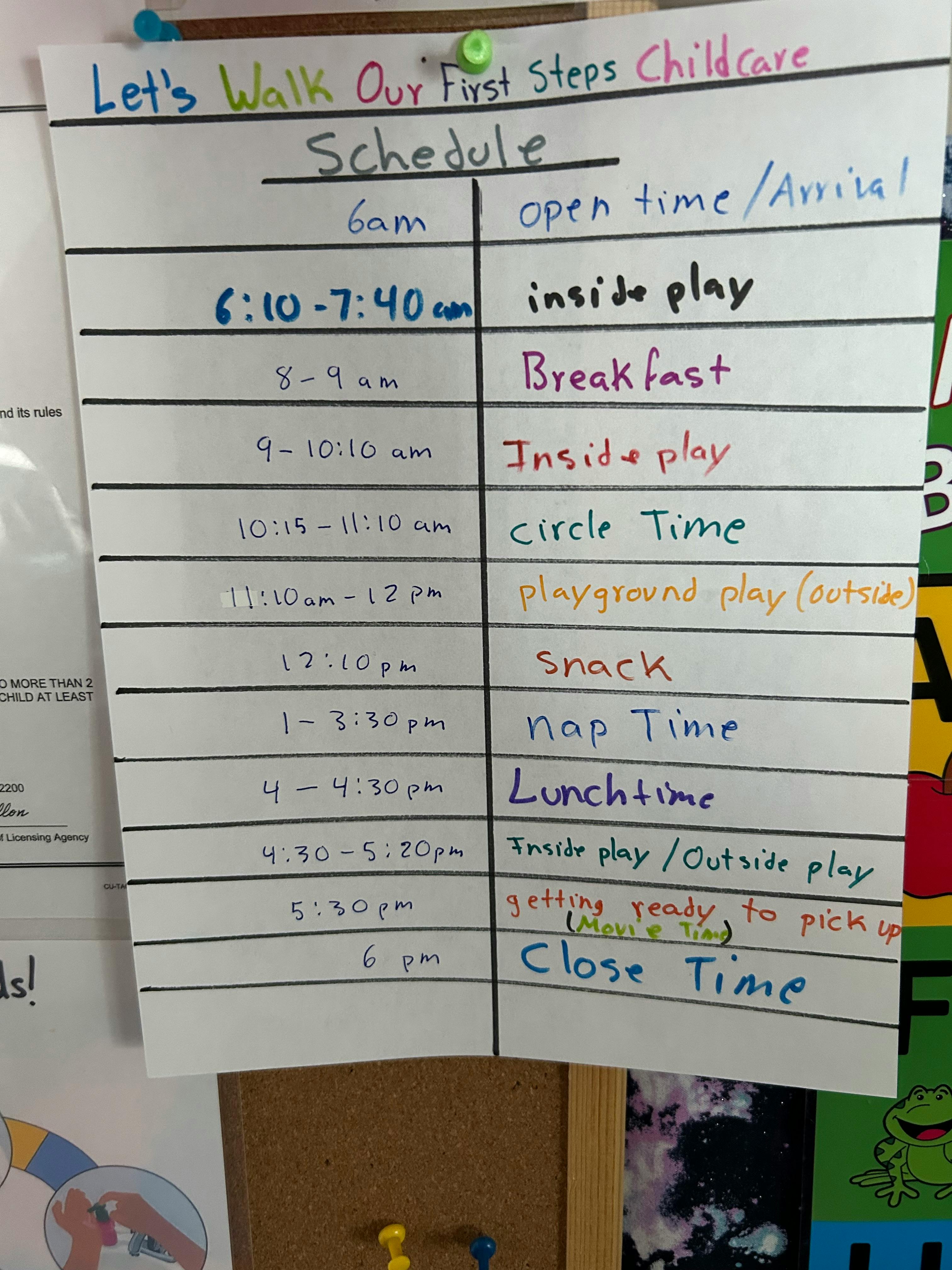 Childcare schedule with times and activities like open time, inside play, breakfast, and nap time