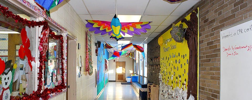 School hallway decorated with colorful paper birds and wall displays