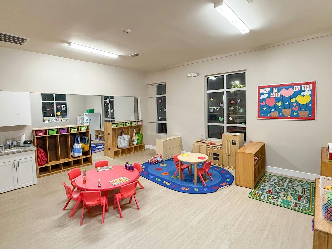 Classroom with small tables and chairs for children