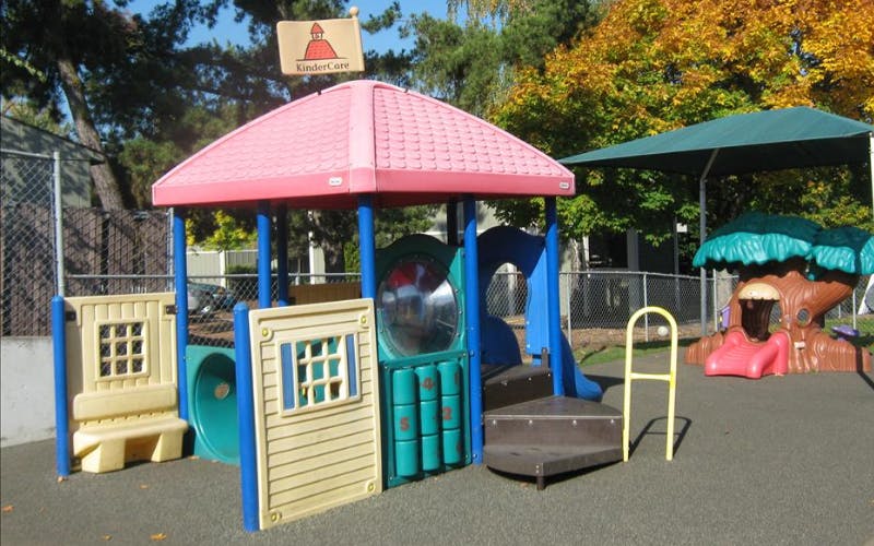 A colorful playground with a pink-roofed structure and a tree-shaped playhouse