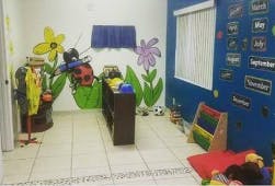 Classroom with colorful wall decorations and learning materials