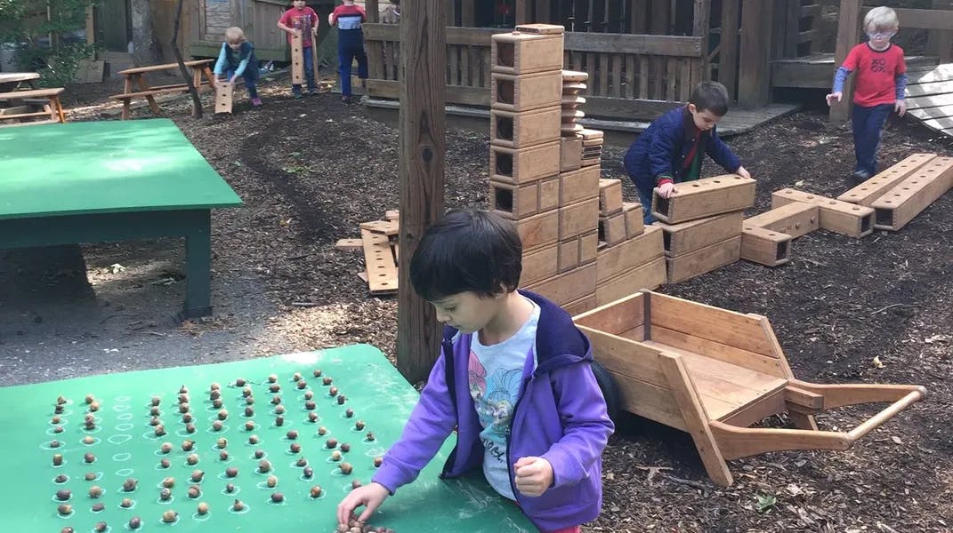Children playing with blocks and natural materials outdoors