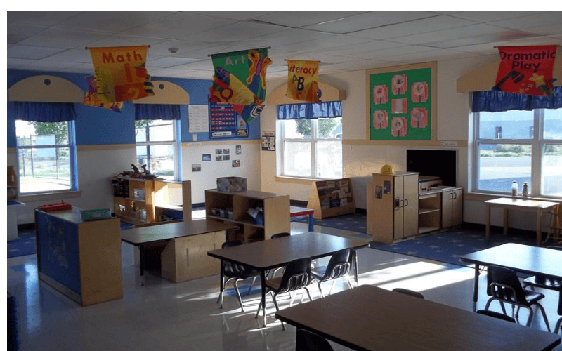 Empty classroom with small tables and chairs, colorful learning banners on ceiling