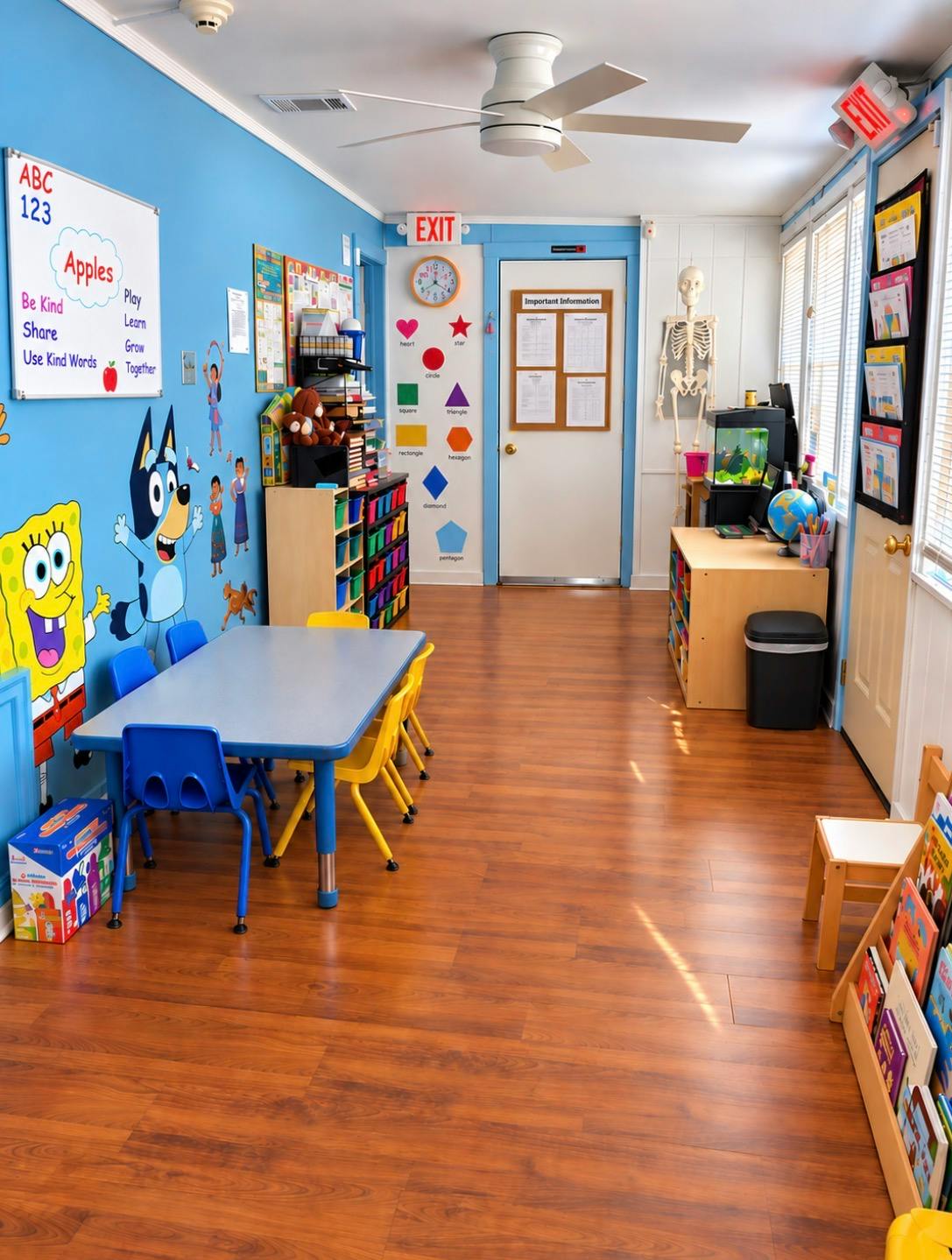 Classroom interior with small tables and chairs and educational wall displays