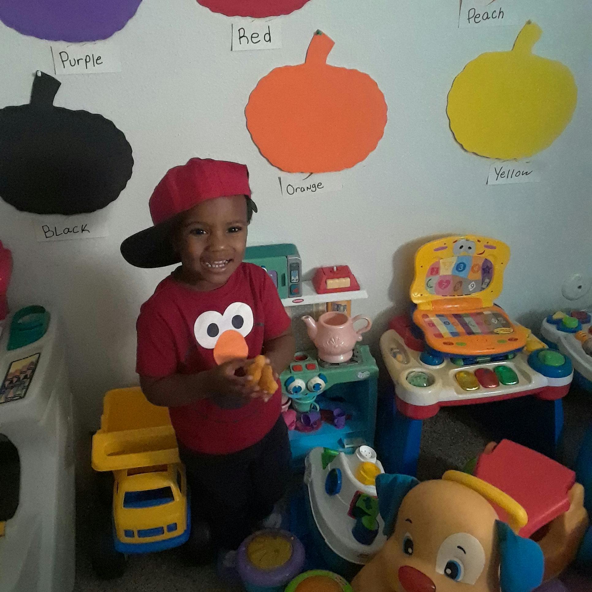 Child in a red shirt and hat holding a toy