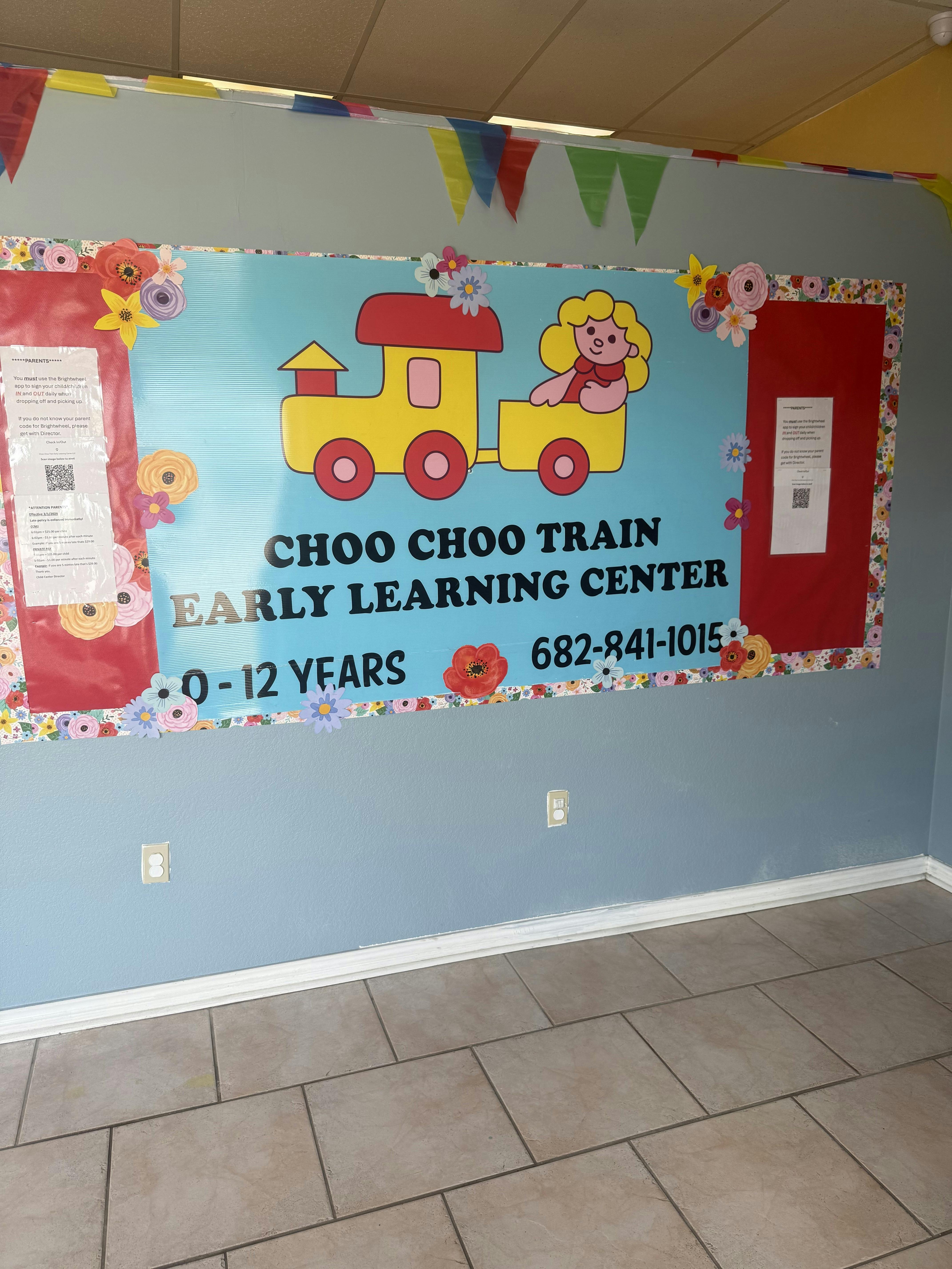 Choo Choo Train Early Learning Center sign with cartoon train