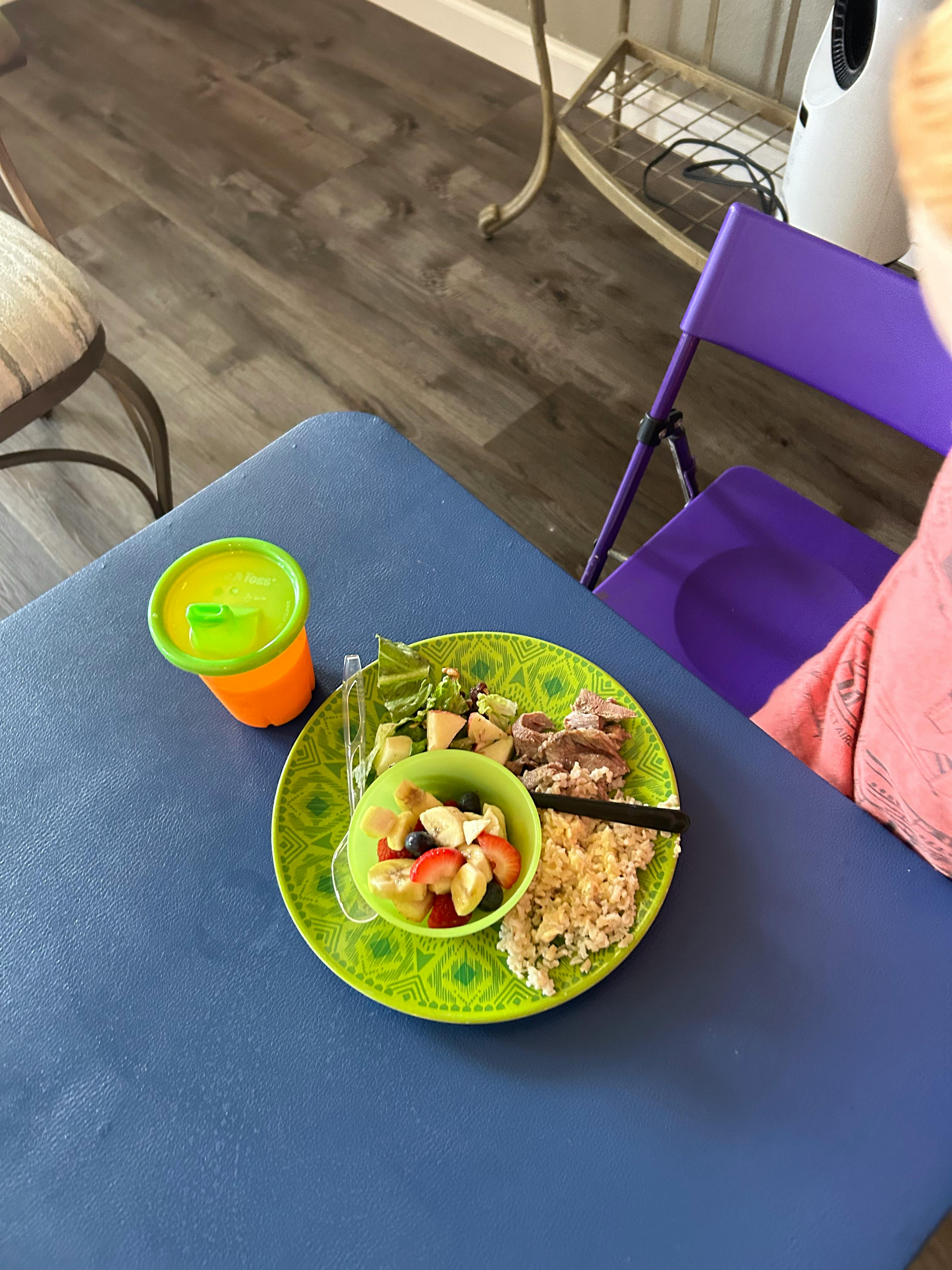 Plate of food with fruit, meat, and rice, next to a sippy cup