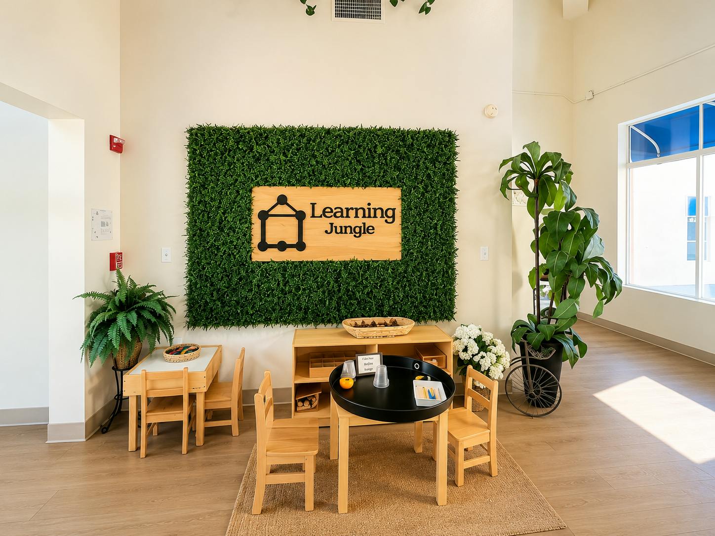 Child-sized tables and chairs in a classroom with a Learning Jungle wall sign